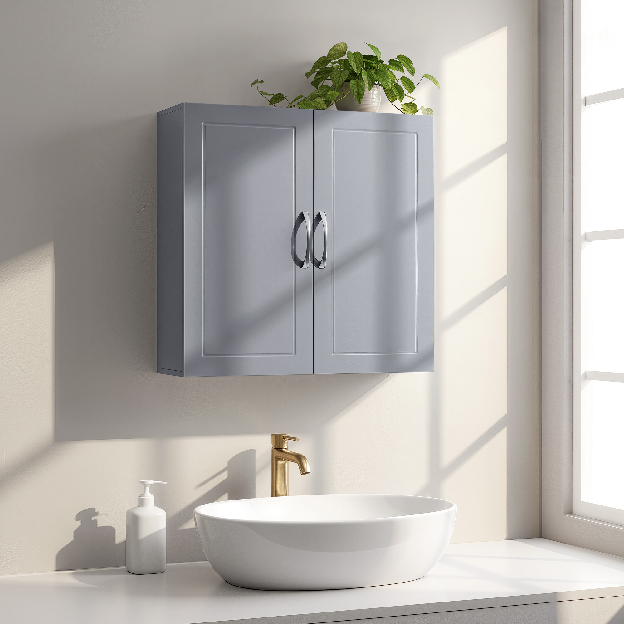 Double-door U-shaped Wall Cabinet Wall-mounted Toilet Cabinet 18 X 60 X 60 Cm Grey With Adjustable Shelves