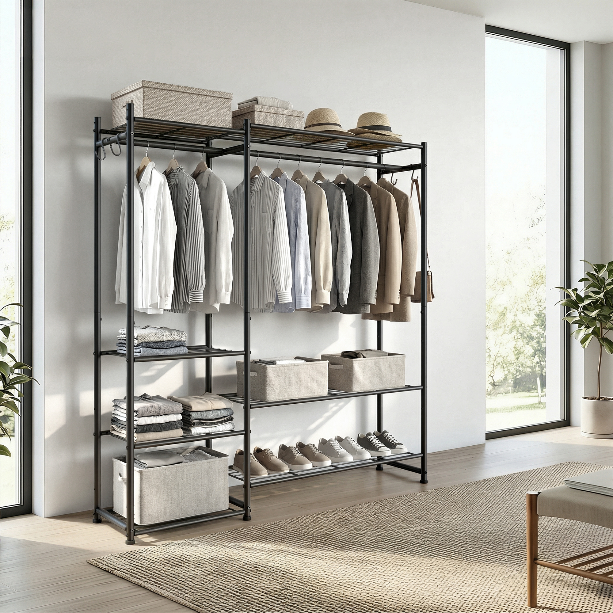 E-shop Garderobenständer mit Metallrahmen, offener Kleiderschrank, 7 Ablagen, 2 Kleiderstangen, schwarz
