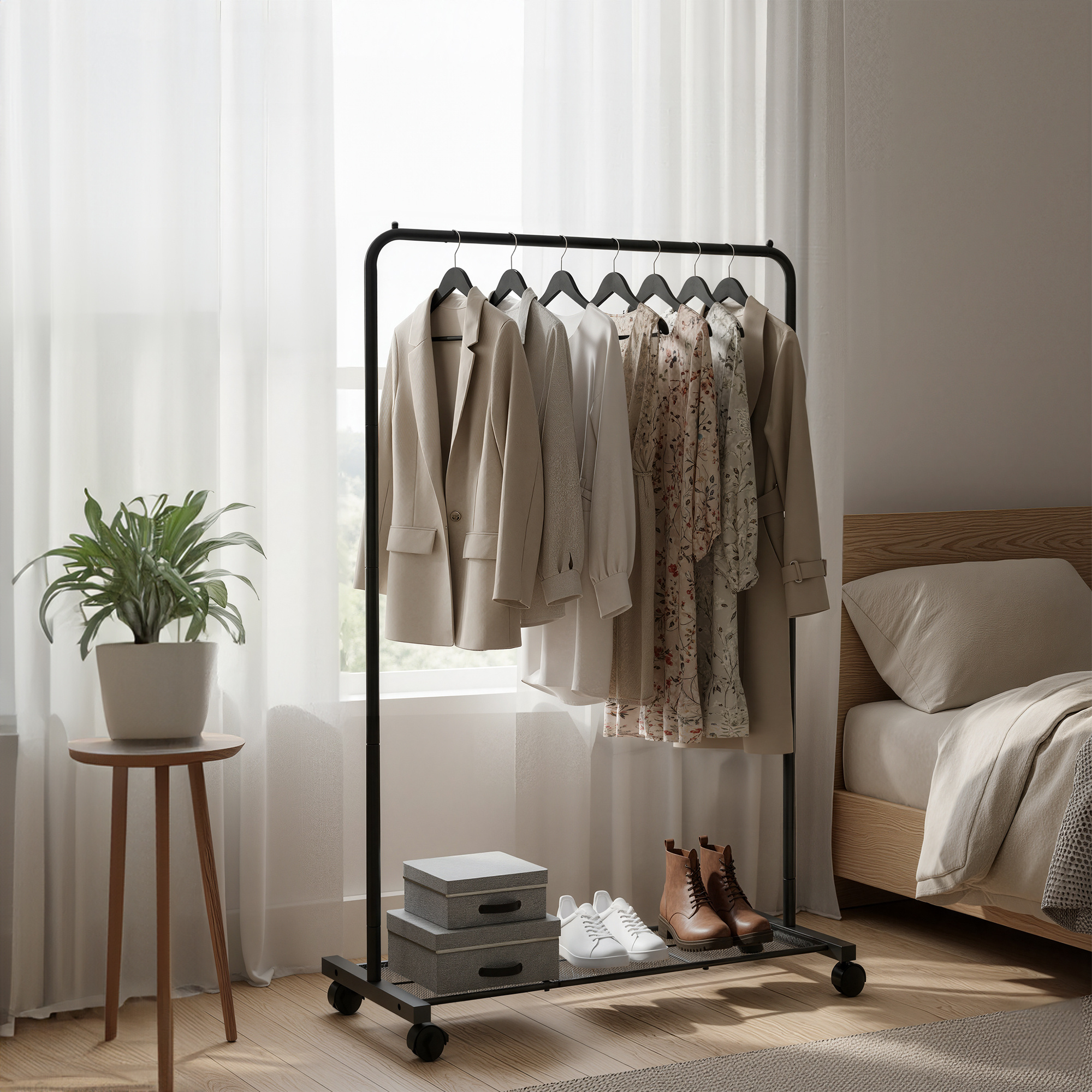 Image of Steel Clothes Rail, Large Size, With Net Storage, With 360° Rotatable Wheels, 49.9 Kg Load Capacity, Black