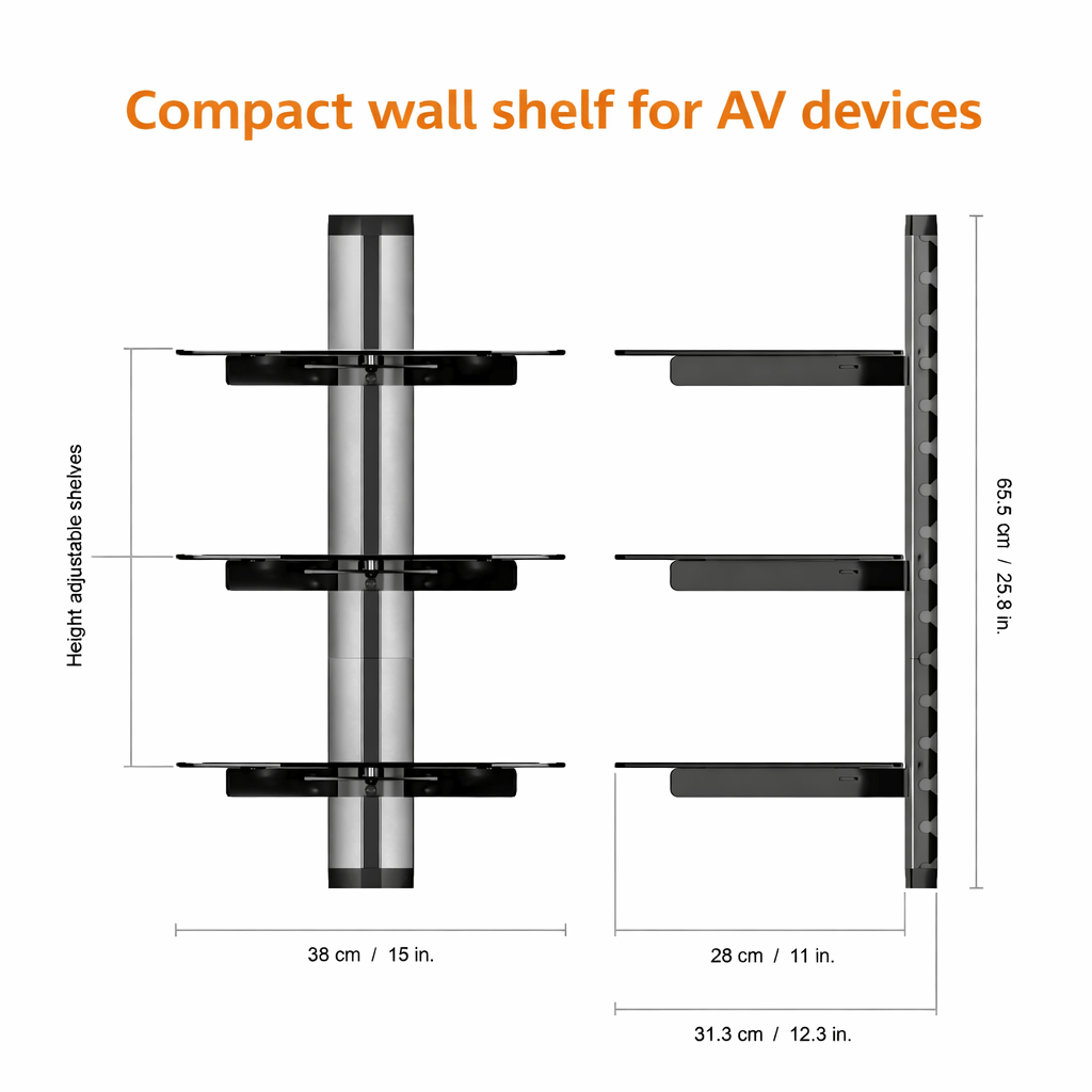 Wall Mounted 3 Tier Tempered Glass AV Shelf with Cable Management