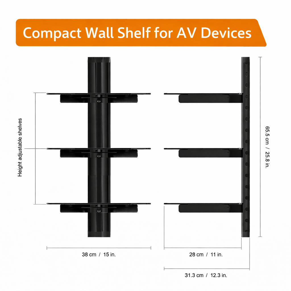 Wall Mounted 3 Tier Tempered Glass AV Shelf with Cable Management