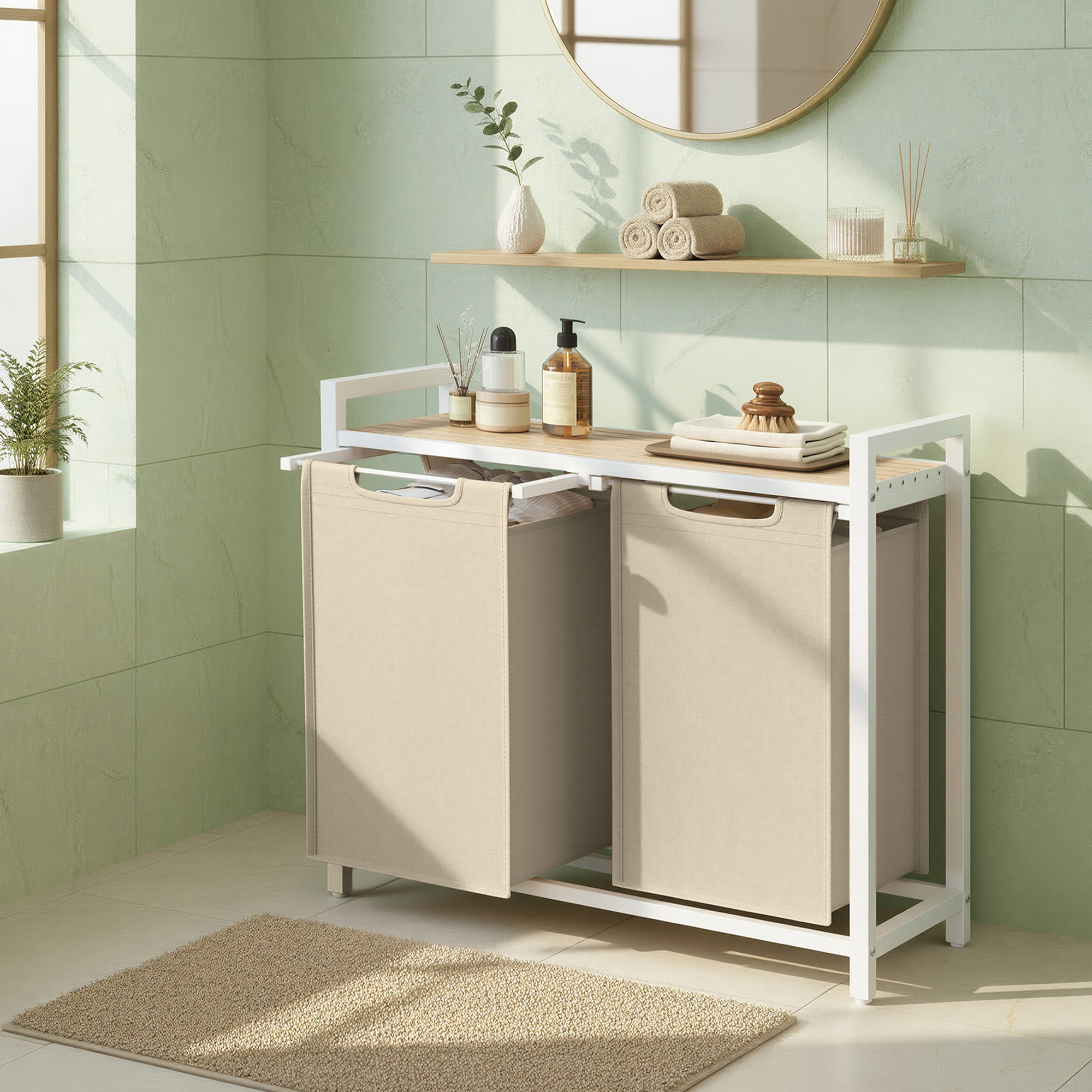 Laundry Basket 2 Compartments, Laundry Collector With Storage, , Removable Laundry Bag, Metal Frame, 2 X 46 L, Beige