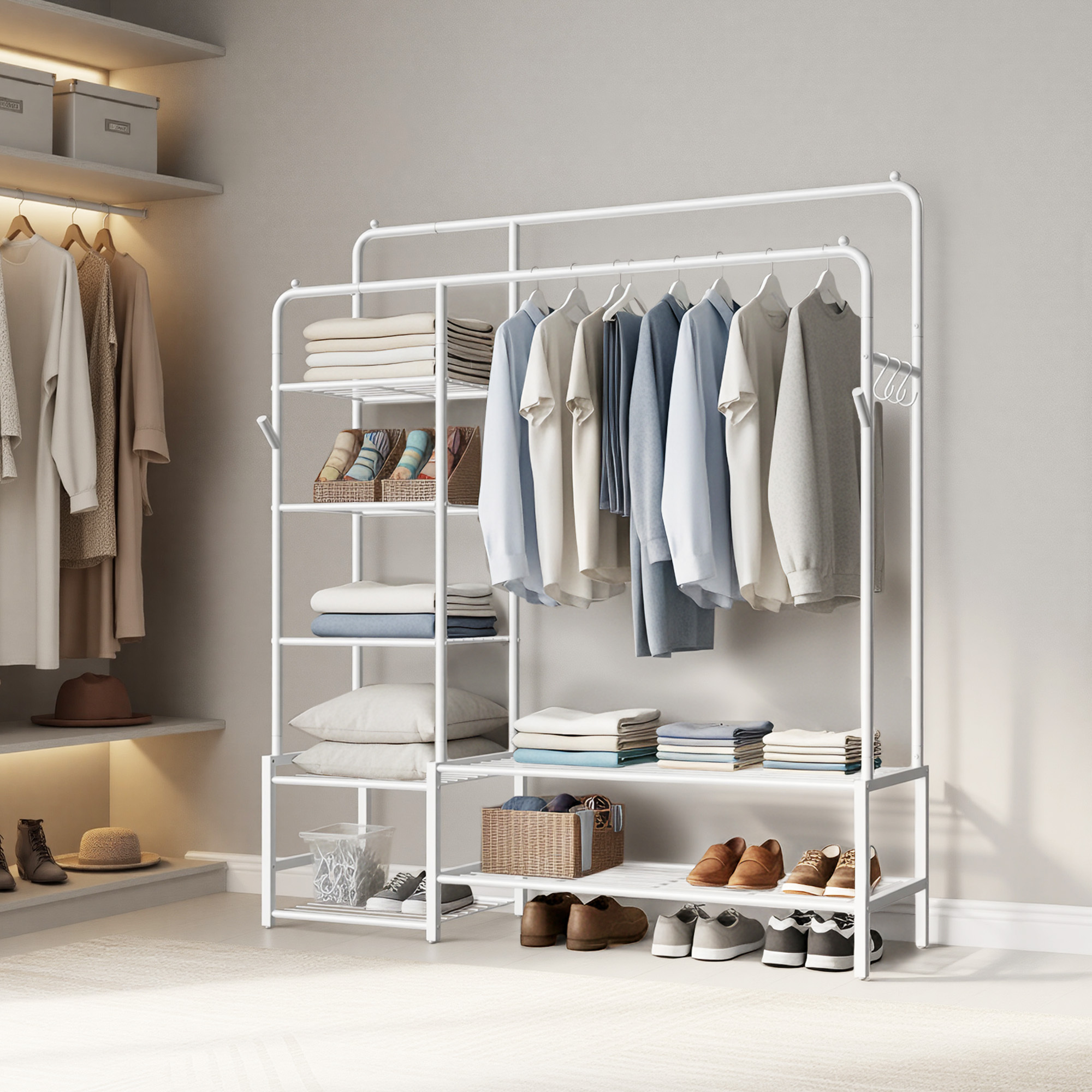 Image of Clothing Racks, Open Wardrobe, Coat Rack With 7 Shelves, Clothes Rail, White