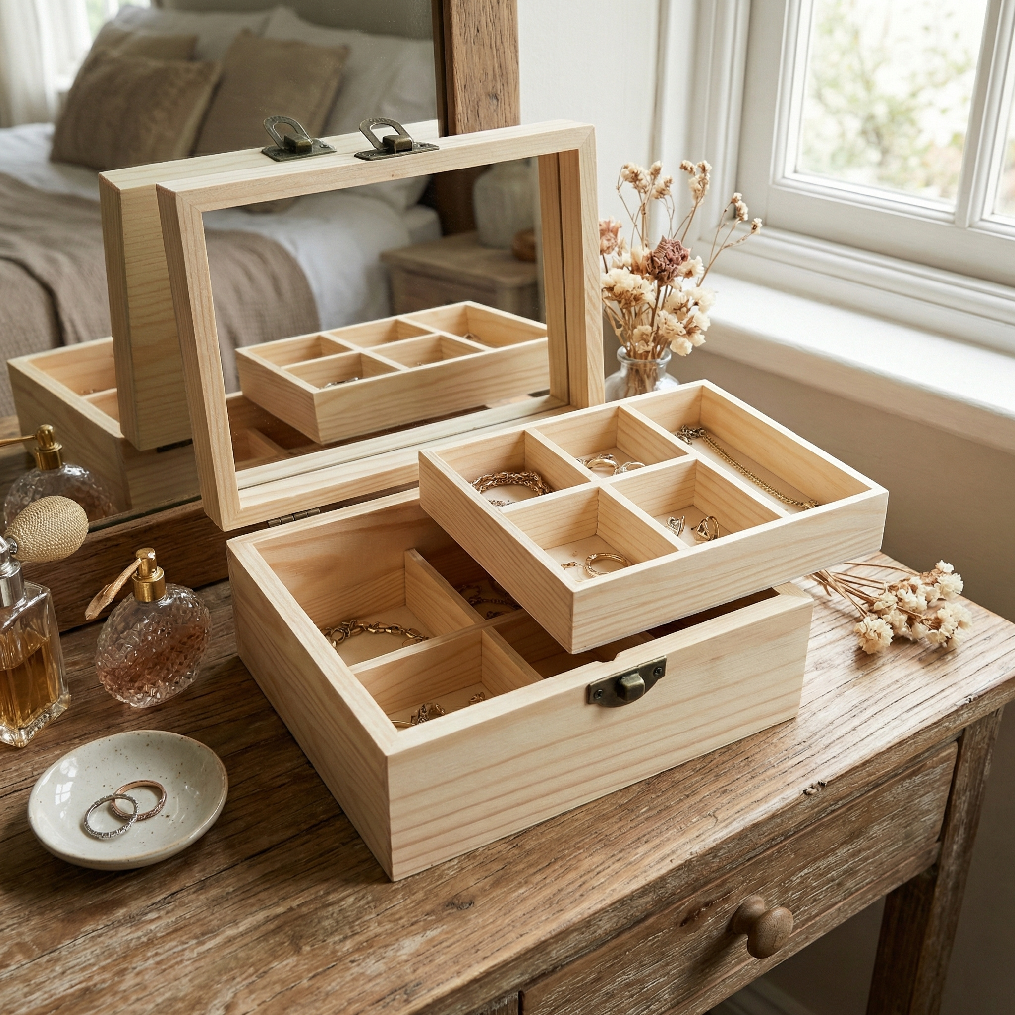 TEMU Organizadora de Madera de Pino de Dos Niveles con 9 Compartimentos y Espejo 15x12x7 cm