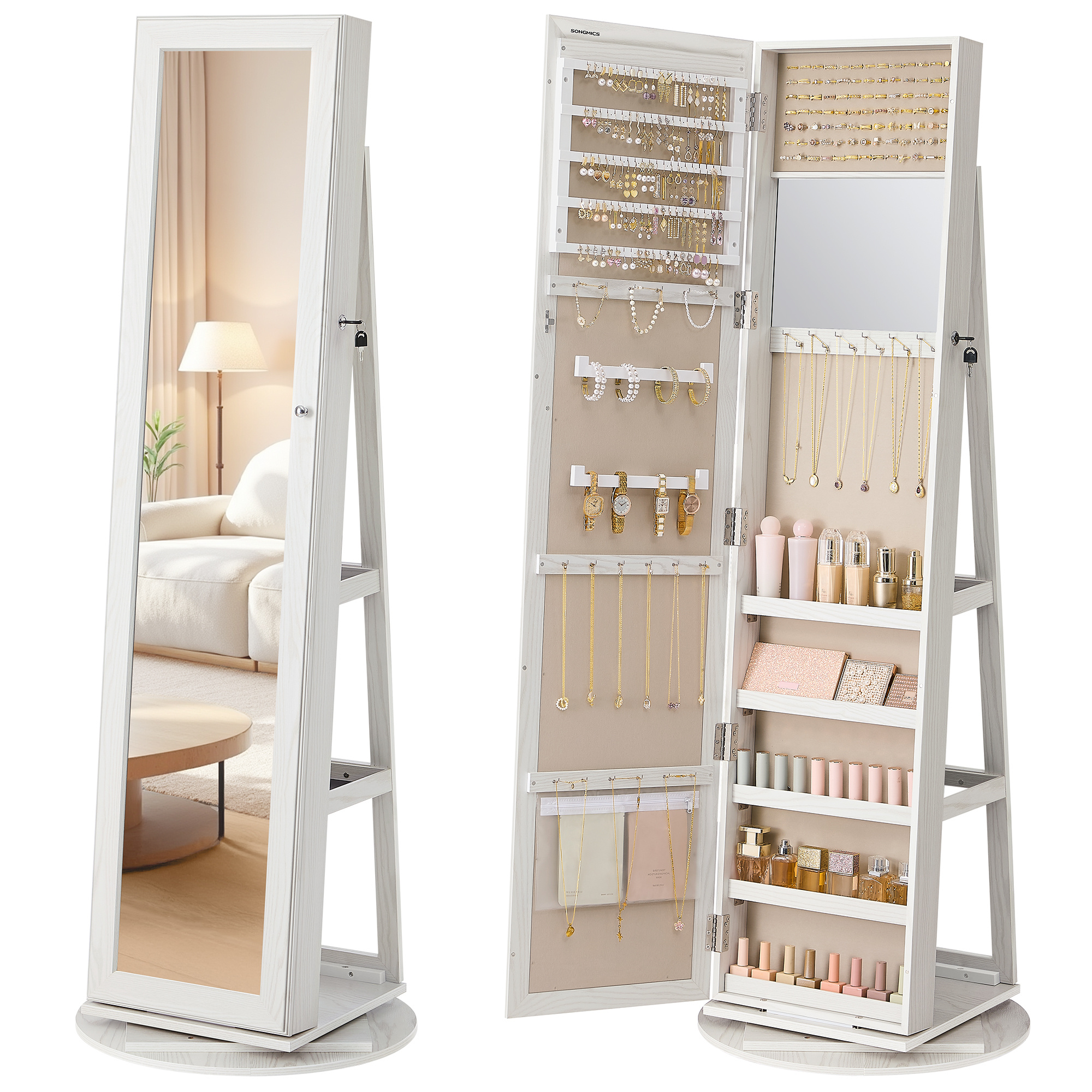 Rotating, Lockable Jewelry Storage With Mirror, Jewelry Cabinet For Bedroom, Gift Idea, White