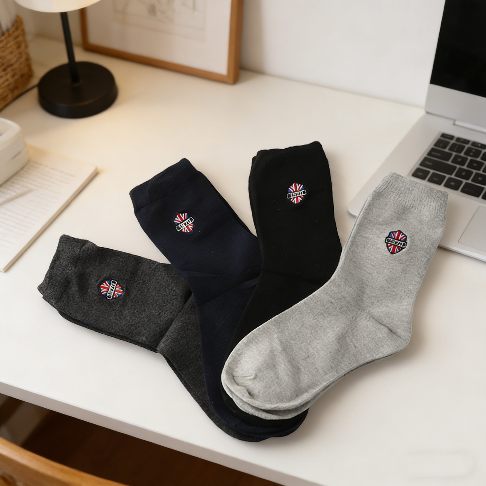 Image of 5 Pairs Men's Ankle Socks Eu 38-41 With Badge＆breathable , Wear Soft Durable For Office Casual British Vintage Look, Gift For Men