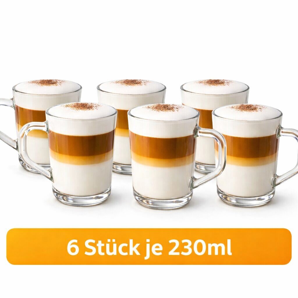 E-shop 6x Gläser 230ml Gläser mit Henkel - klare Latte Gläser & Cappuccino Gläser Tee Gläser Kaffeegläser Gläser Set Teegläser Kaffee Gläser –