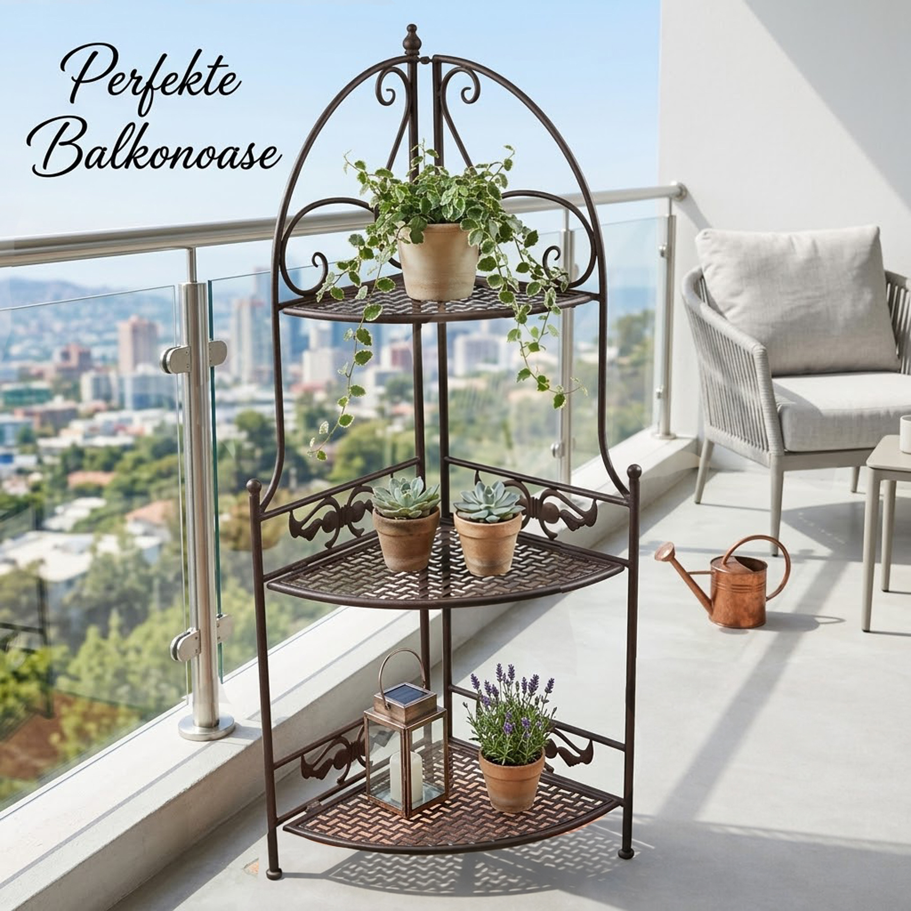 Image of Premium Metal Corner Shelf Foldable With 3 Tiers 114cm - Vintage Plant Shelf For Balcony, Garden & Living Room - Space- Flower Shelf In Antique Look Outdoor & Indoor