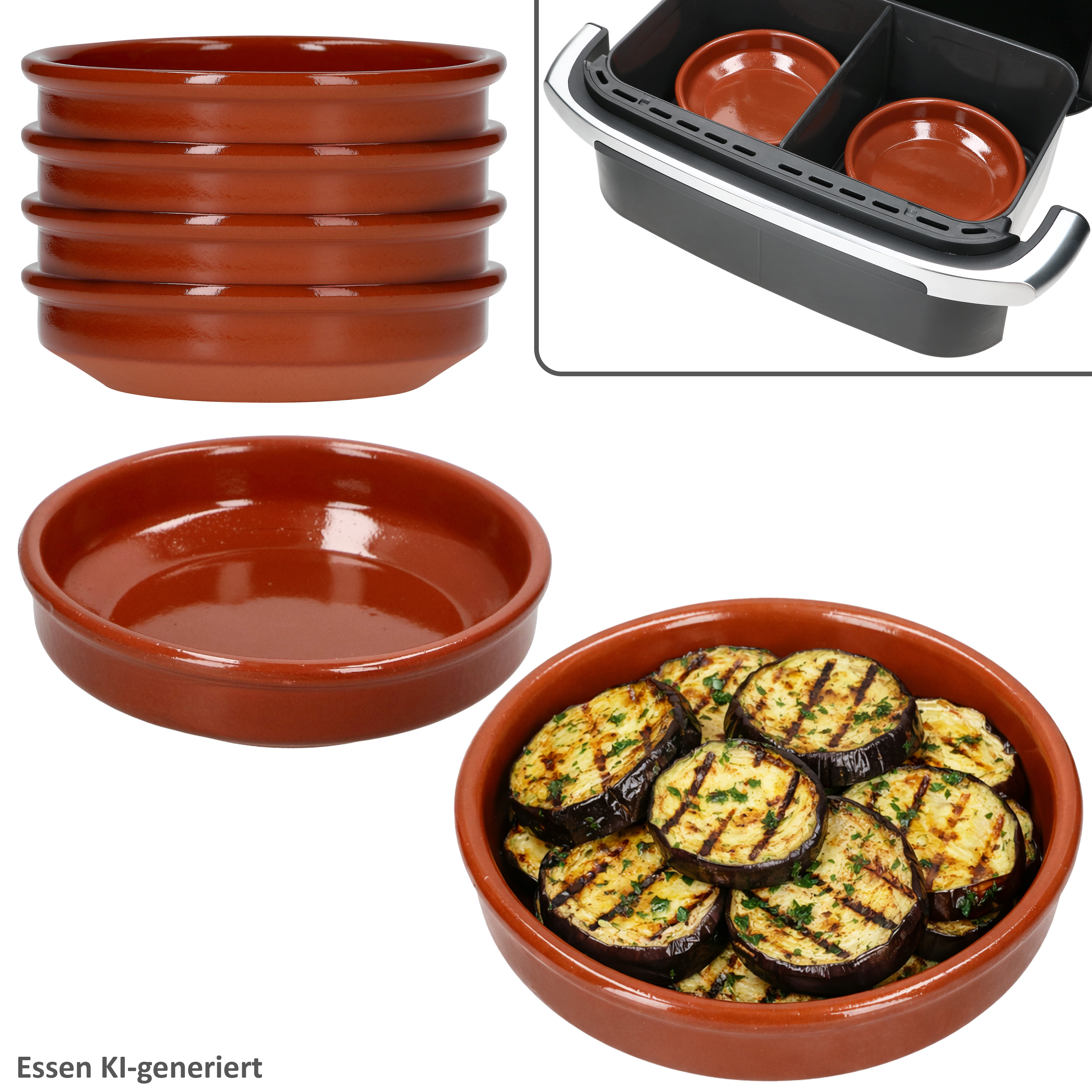 Image of 6-piece Set Air Fryer Clay Bowls, Round, Ø16 Cm, 250ml, For Cazuela, Tapas, Antipasti, Cakes