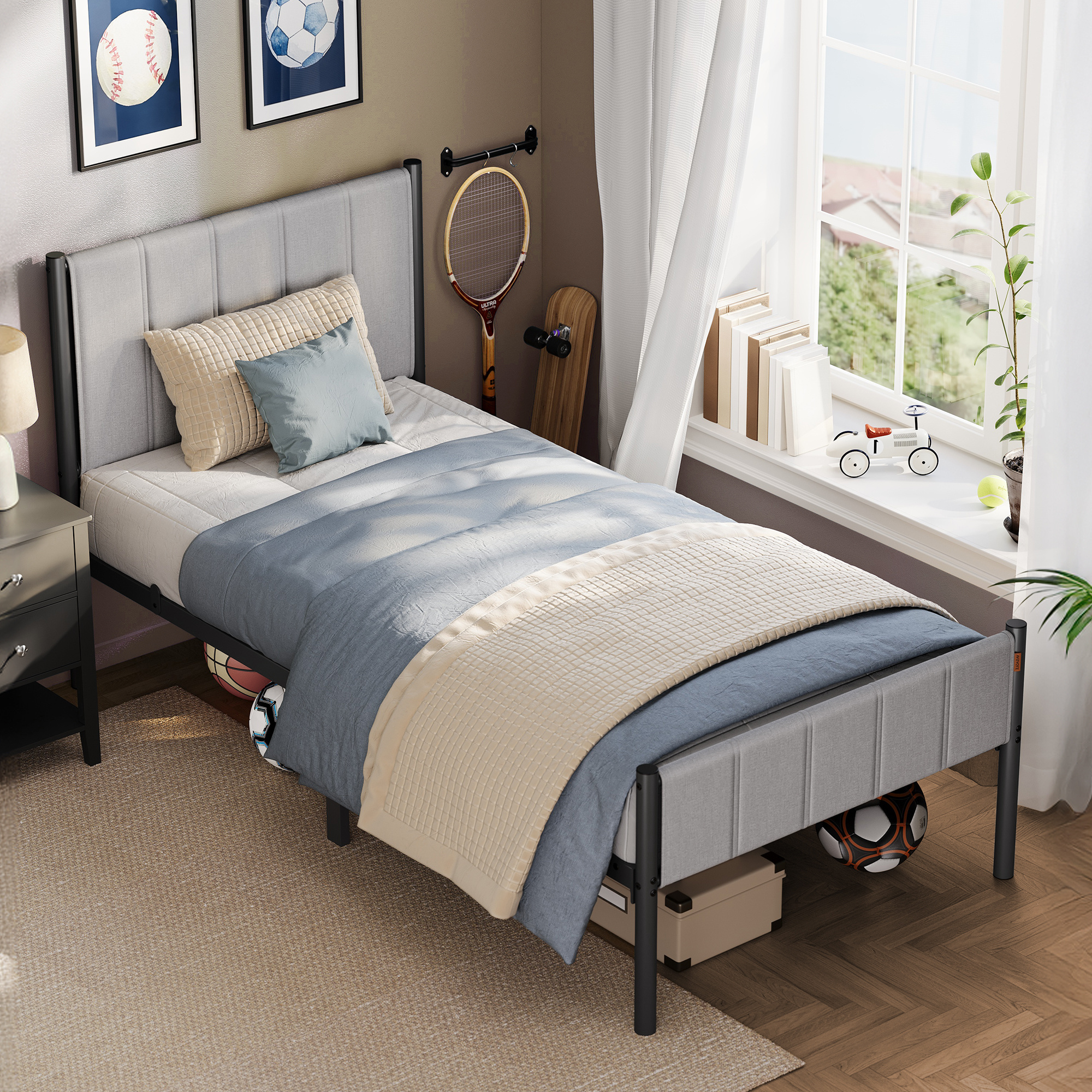 Image of Single Bed Frame, Bed Frame, 90 X 200 Cm, With Upholstered Headboard, Bed Frame, Steel, Supports Up To 250 Kg, Easy Assembly