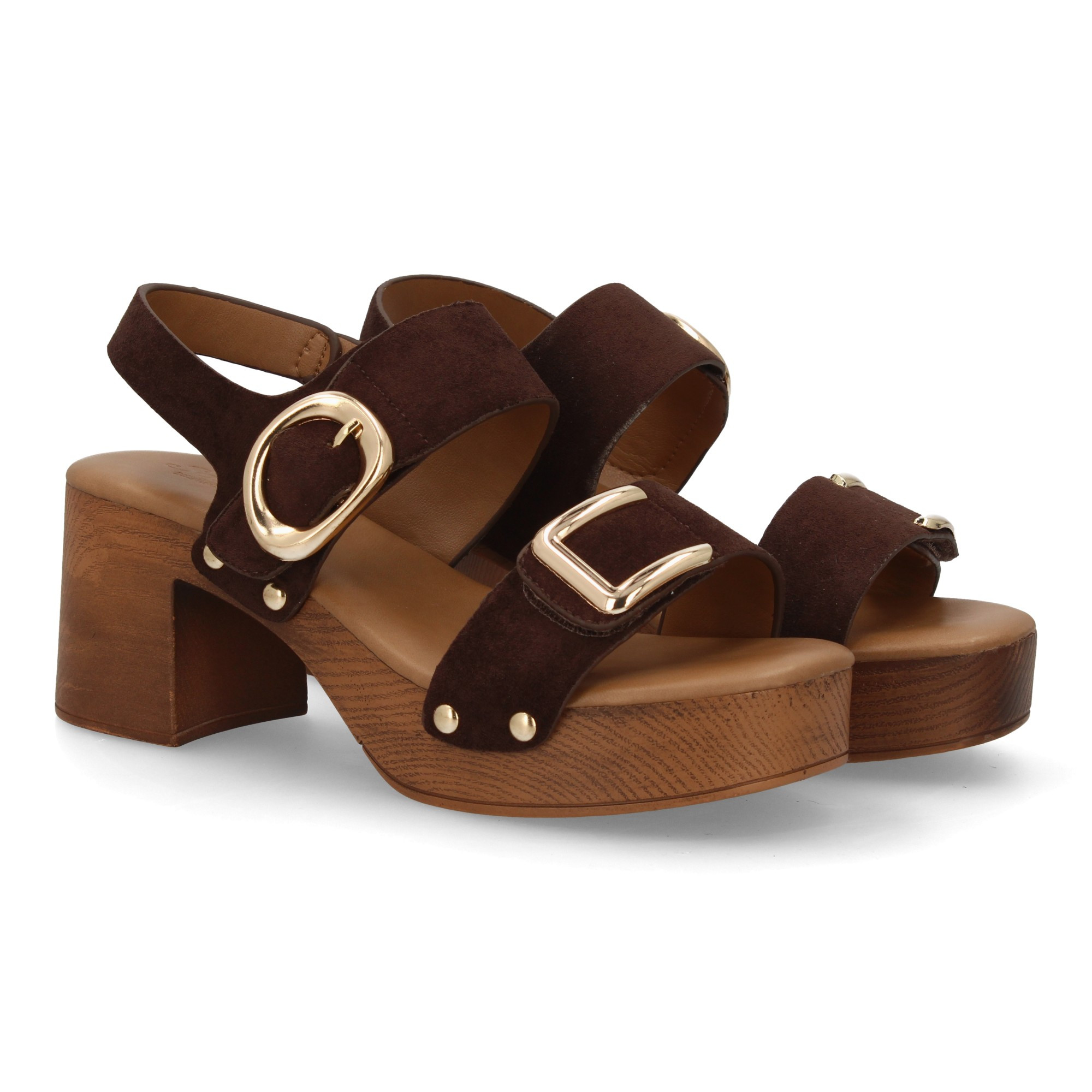 Image of Women's Wide Heel Sandal With Wood-style Platform. Wide Strap Design With Metallic Accents And Studs. Comfortable And Lightweight Footwear. Ideal For Spring And Summer