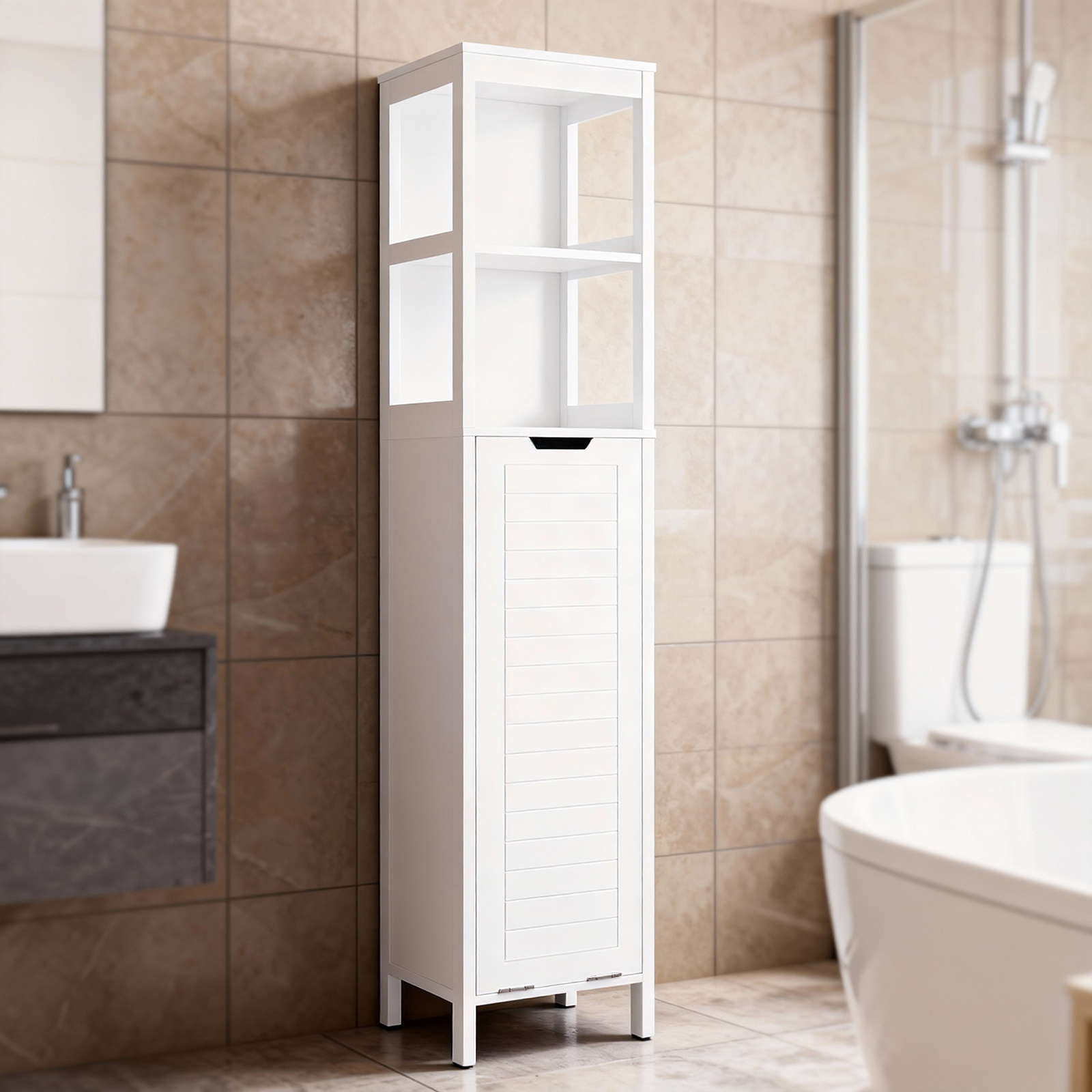 Image of 1pc Bathroom Furniture With Laundry Basket, 145cm Bathroom Storage Column With 2 Open Shelves And Removable Laundry Basket, White Column For Small Spaces - Cas234-x