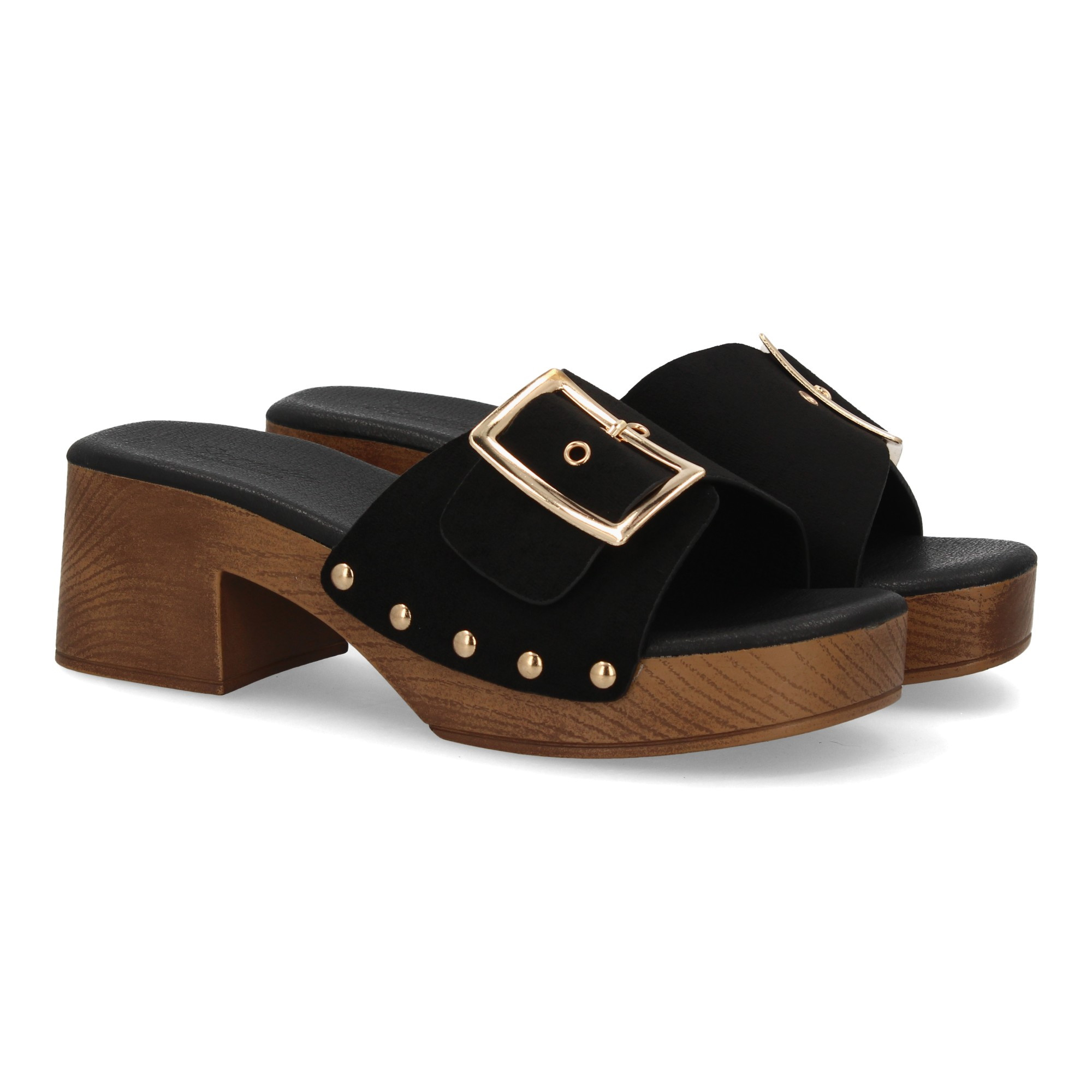 Image of Women's Shoe Type Clog With Wooden-style Heel. Design With Wide Strap, Metal Decorations, And Studs. Comfortable And Lightweight Footwear. Ideal For Spring Summer.