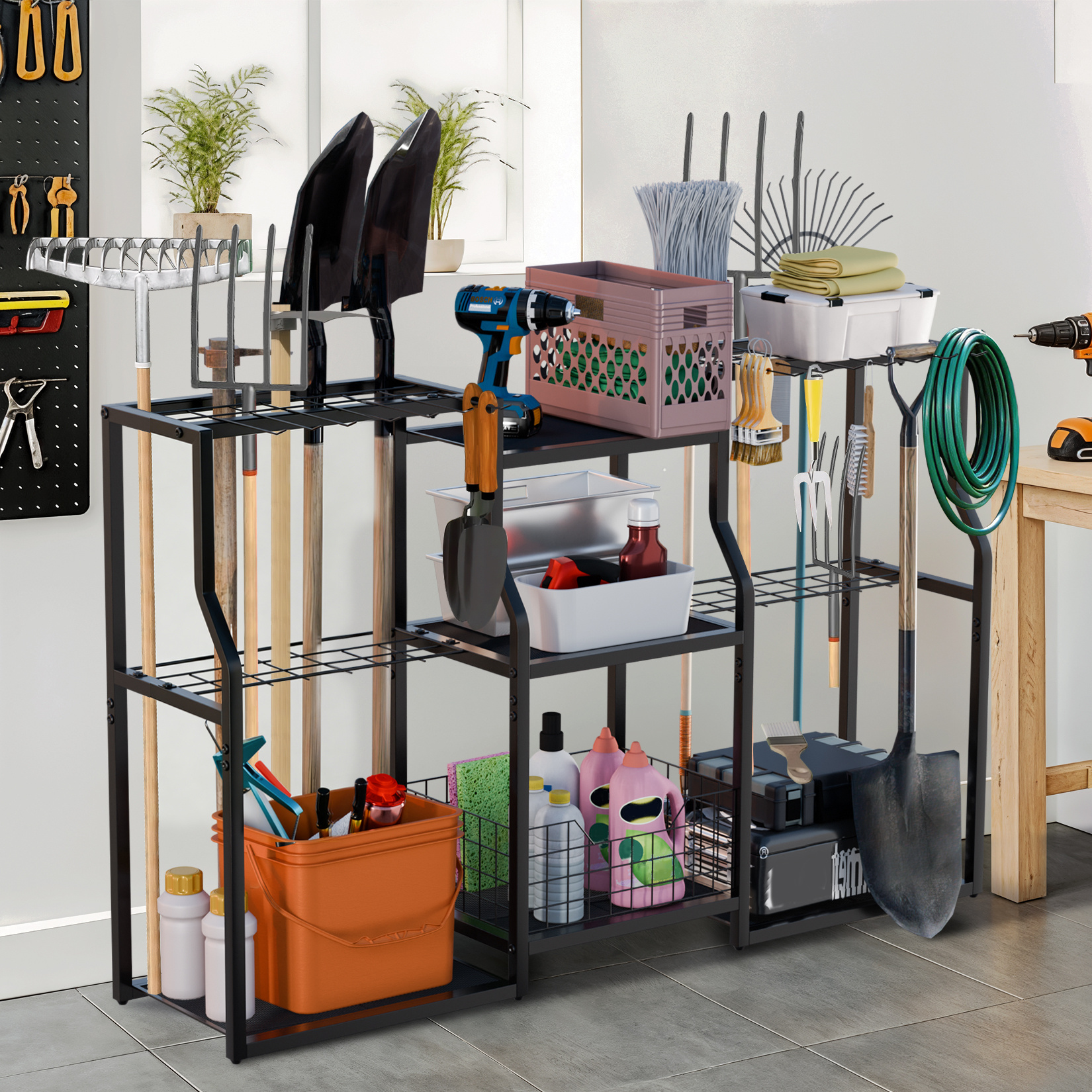 Image of Metal Garden Tool Organizer - Utility Shelves With Hooks For Garage, Durable Stand For Long-handled Tools/rakes/brooms, For Garden, Sheds