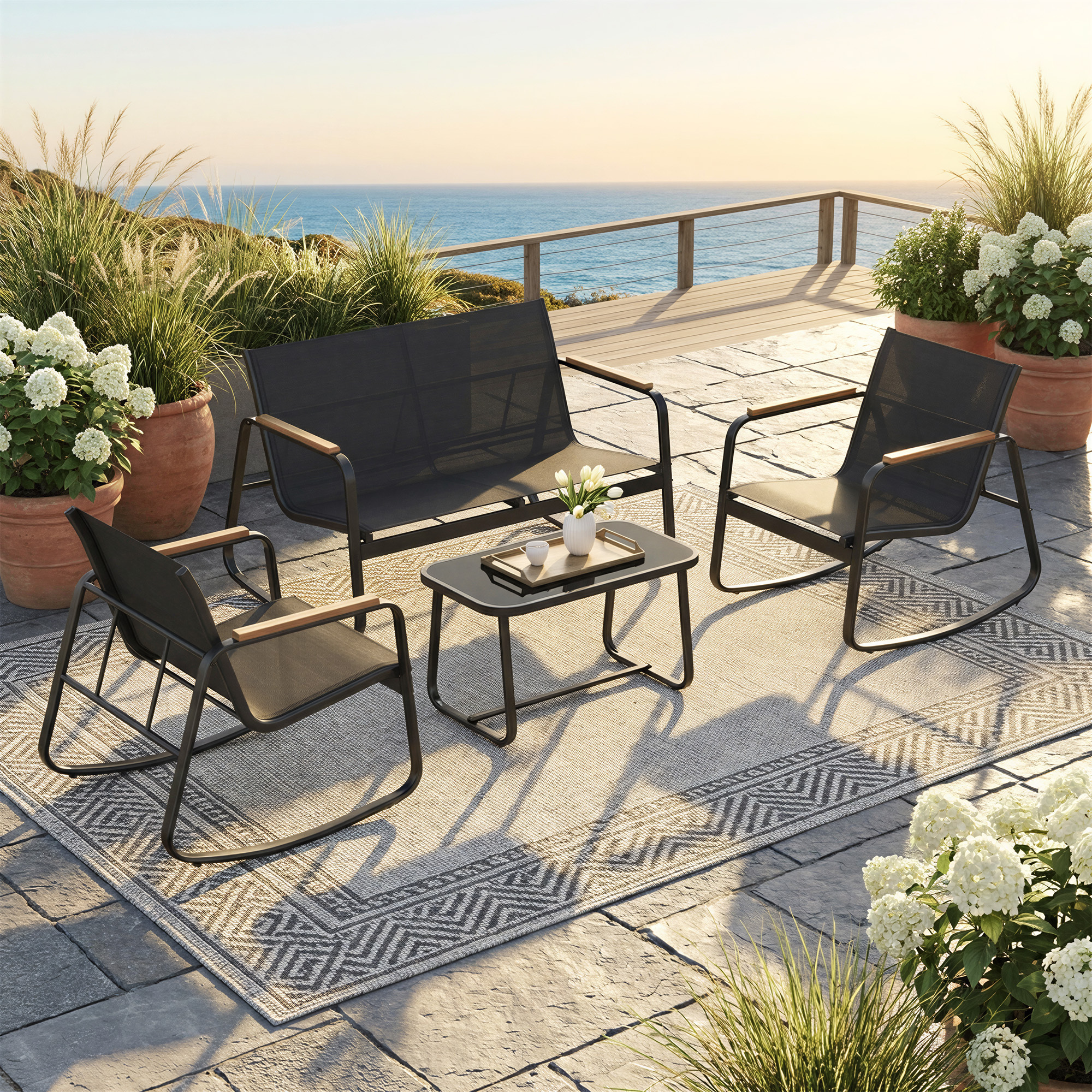 E-shop Gartenmöbel-Set, Balkonmöbel, 2 Schaukelstühle mit Tisch, Bank, Stahl, mit Armlehnen, atmungsaktiv, Braun/Schwarz