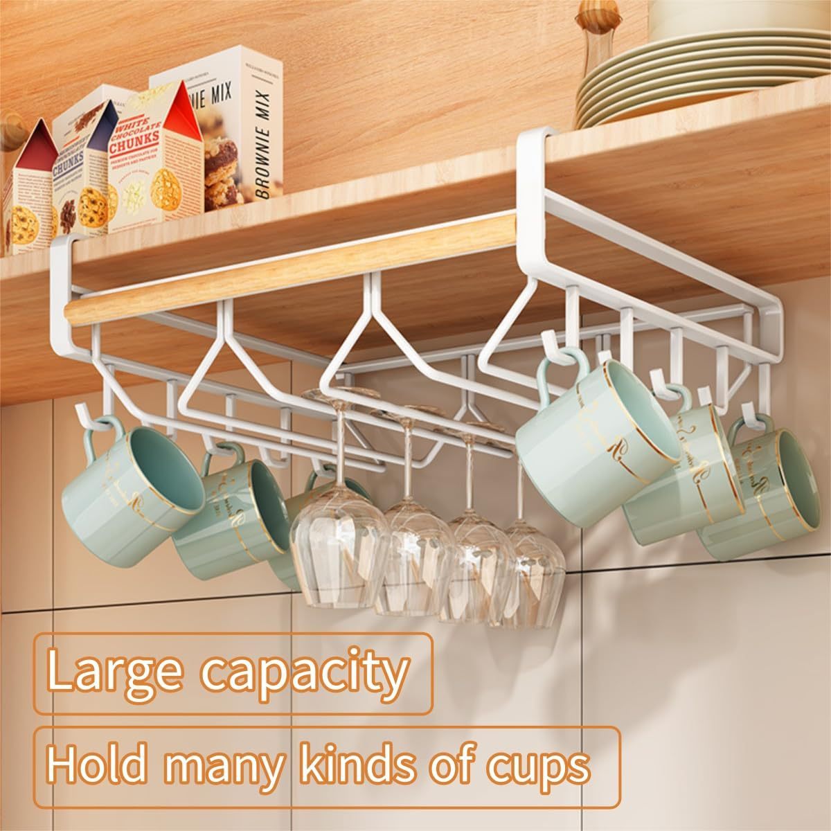 Image of Under-cabinet Hanging Basket, Tiered Condiment Hanging Basket, No-drill Hanging Wine Glass Rack, Inverted Wine Glass Rack.