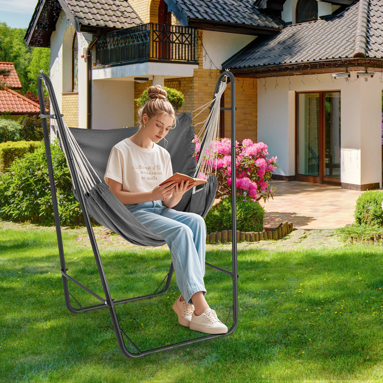 Heavy Duty Hammock Chair With Stand, Swing Chair Withsturdy Metal Frame, Storage Pocket, Quality Fabric, No Beam Design