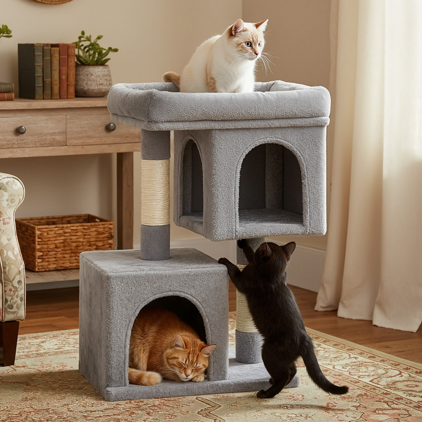 TEMU Cat Climbing Frame 74 Cm High, Cat Tree Scratching Post, Large Platform, 2 Cat Caves, Sisal Poles, Cat House, Stable And Durable, Easy Assembly
