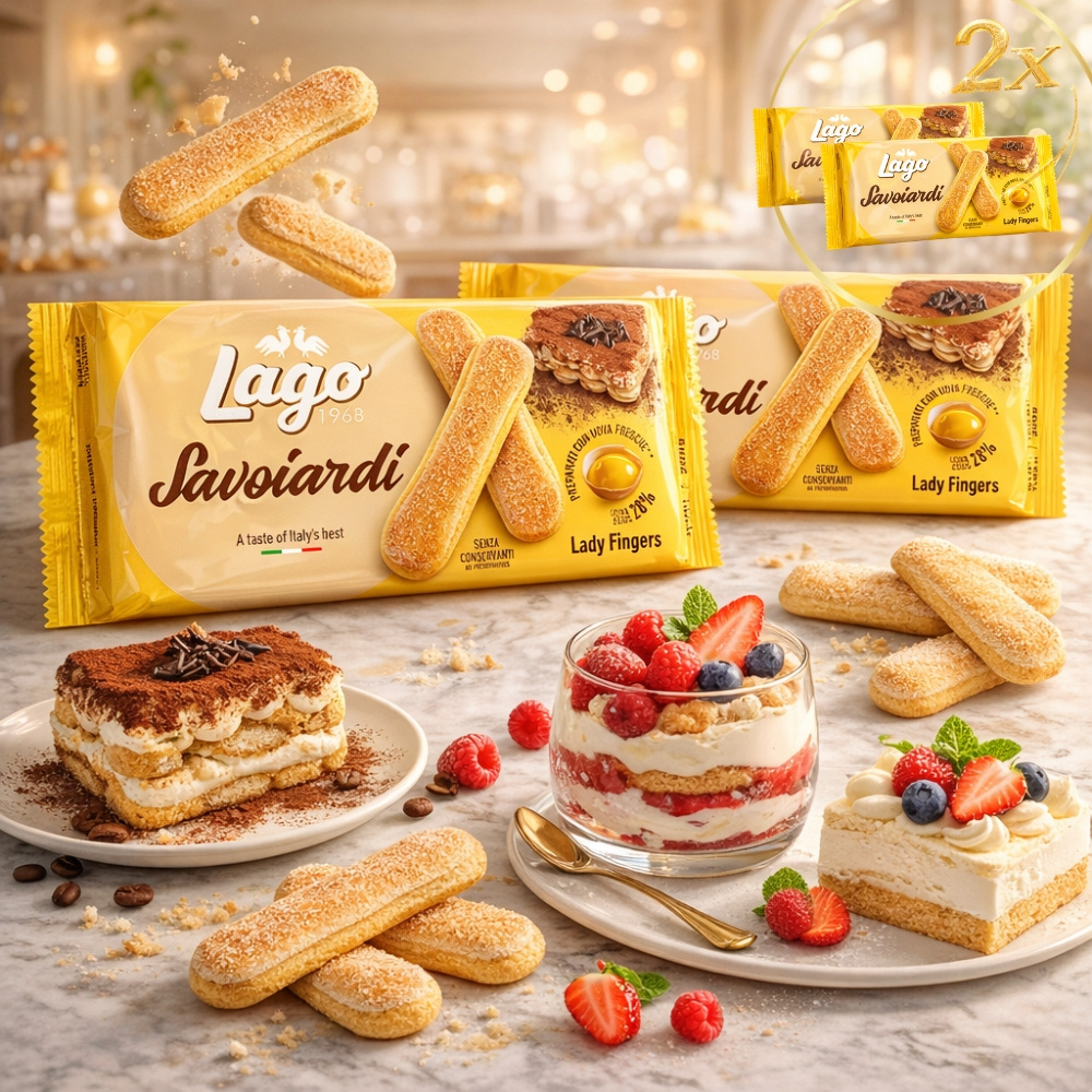Image of 2nd Set Lago Savoiardi Ladyfingers Spoon Biscuits Made Of 28% Fresh Egg - Original Italian Dessert Biscuits For Tiramisu, Layer Cake & No-bake Cake 2x 200g