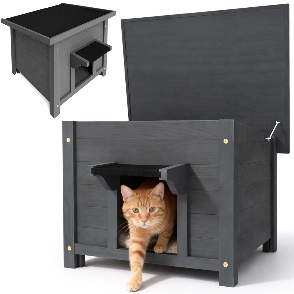 TEMU Bakaji Grey Wooden Pet House For Domestic Animals, Kennel With Openable Roof, Weather-resistant Outdoor And Indoor House With Asphalt Roof, 60 X