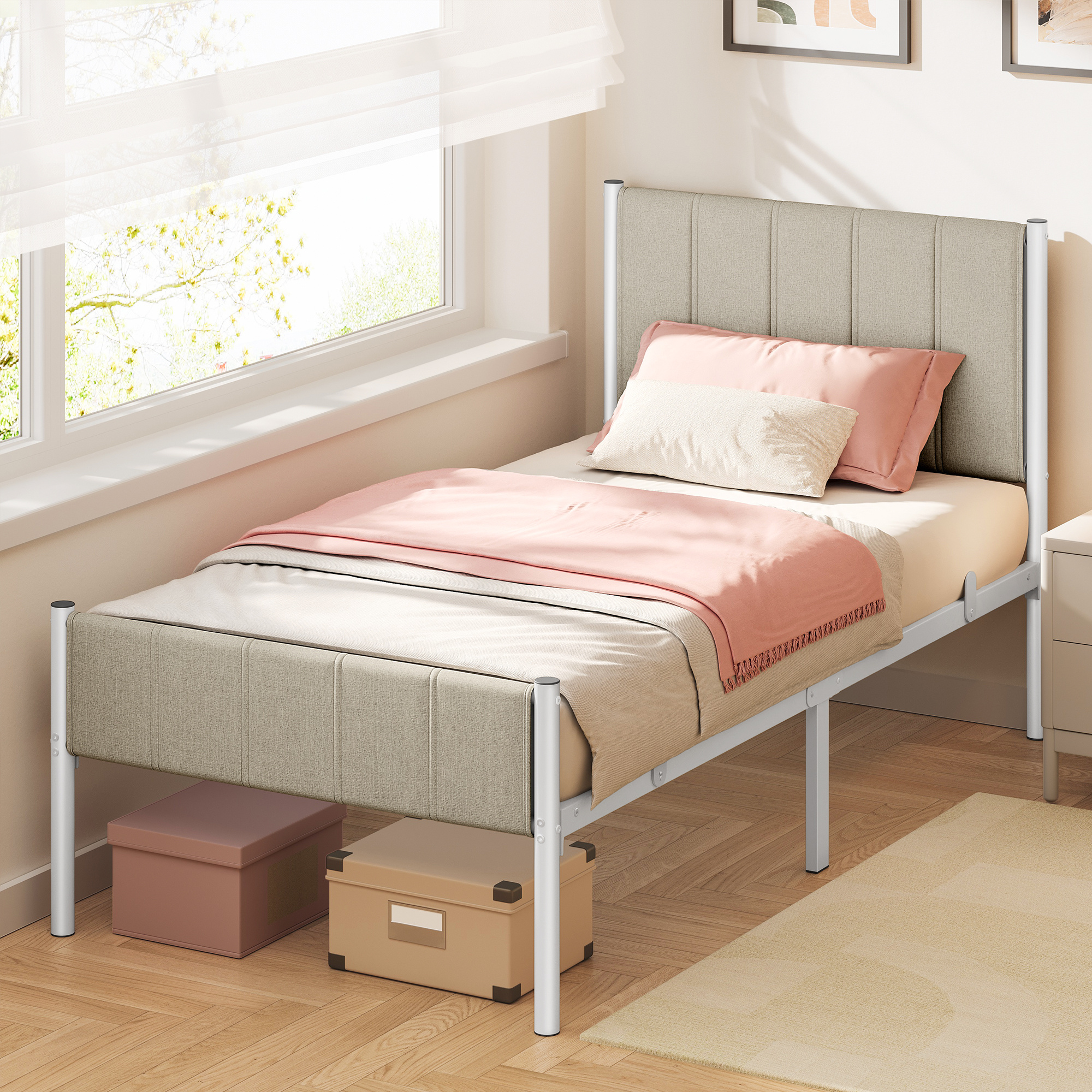 Single Bed Frame, Bed Frame, 90 X 200 Cm, With Upholstered Headboard, Bed Frame, Steel, Supports Up To 250 Kg, Easy Assembly
