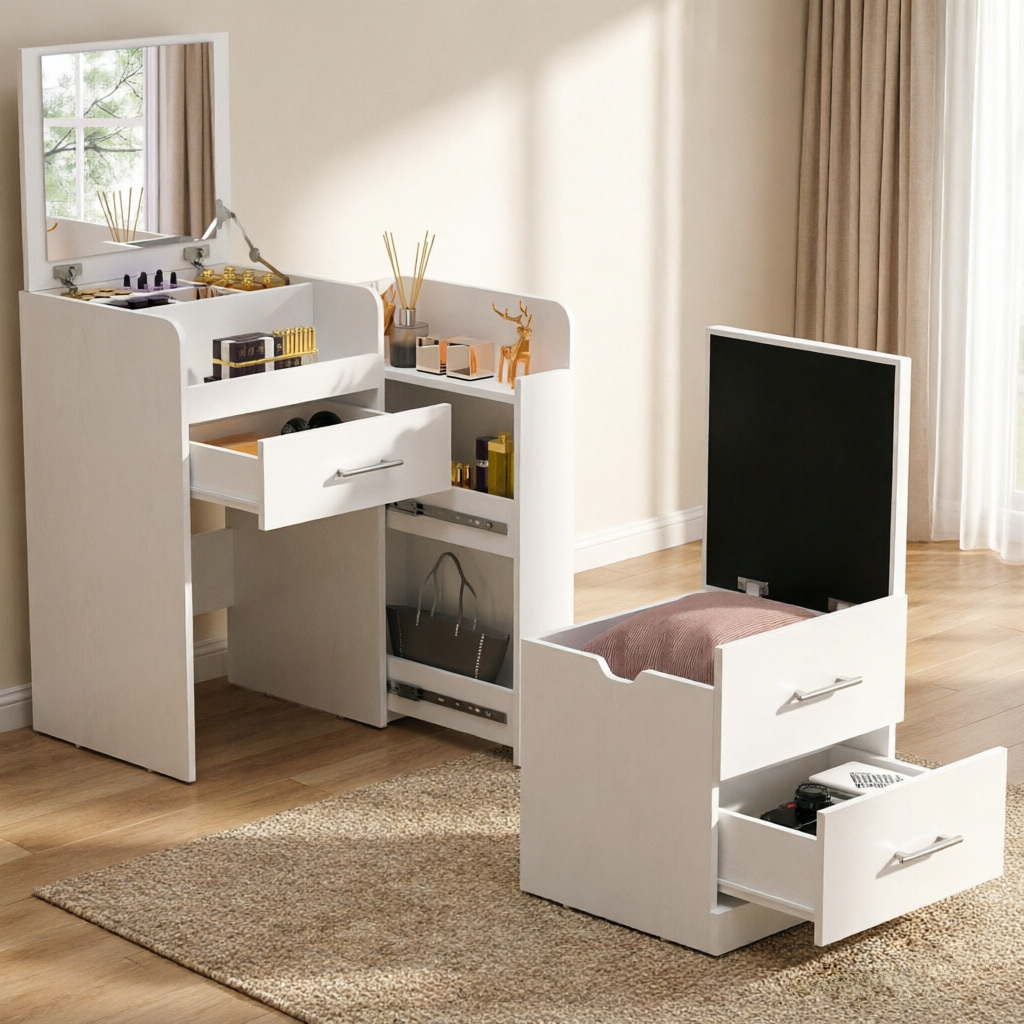 White Makeup Table Set With Stool And Hd Mirror, Modern Makeup Table With Dresser, Hidden Mirror, Built-in Stool, 3 Drawers, 2-in-1 Cosmetic Table Dressing Table Desk For Small Bedroom, Space-.