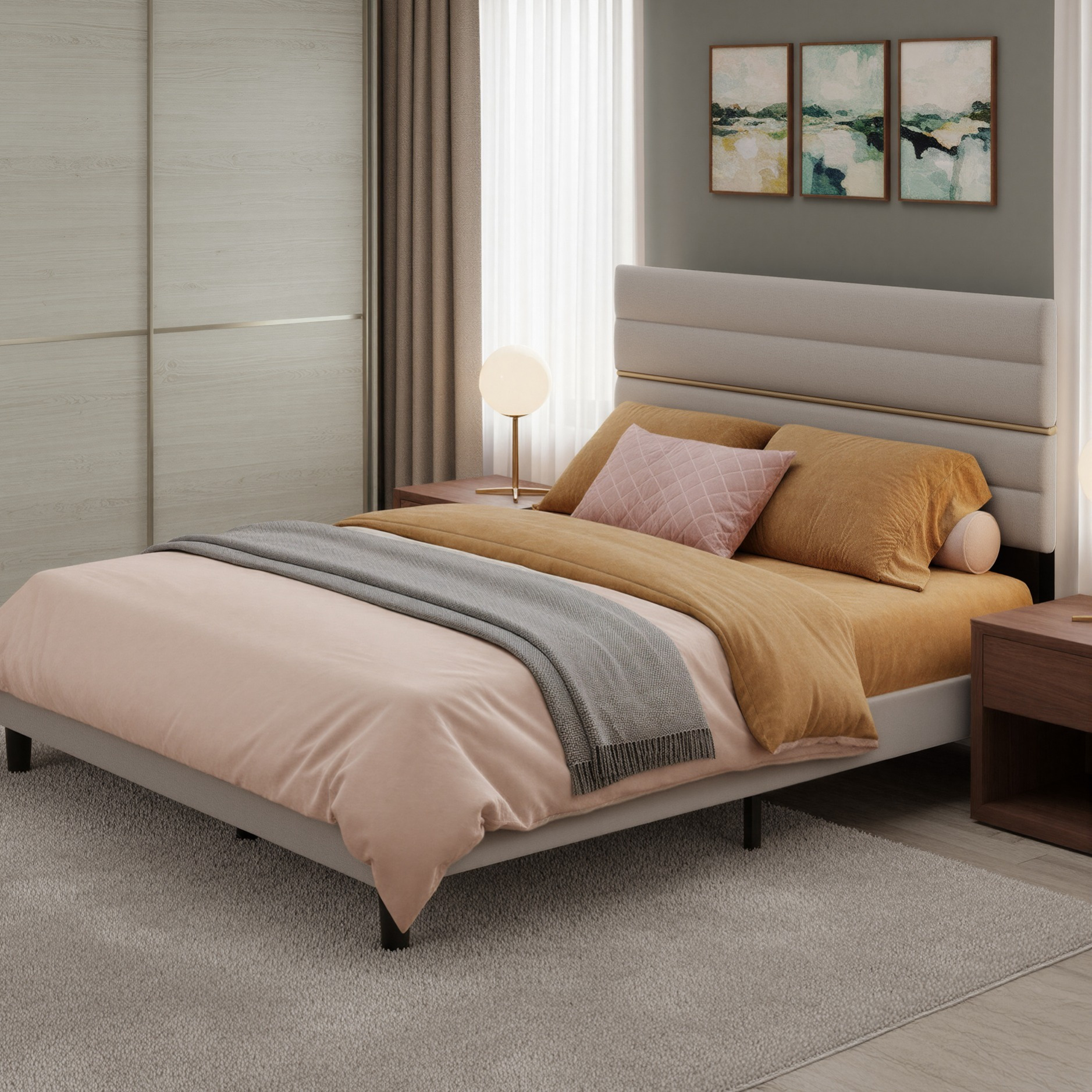 Image of Double Upholstered Bed Frame, Metal And Solid Wood Construction, , Fits A 160 X 200 Cm Mattress, Adjustable Padded Headboard