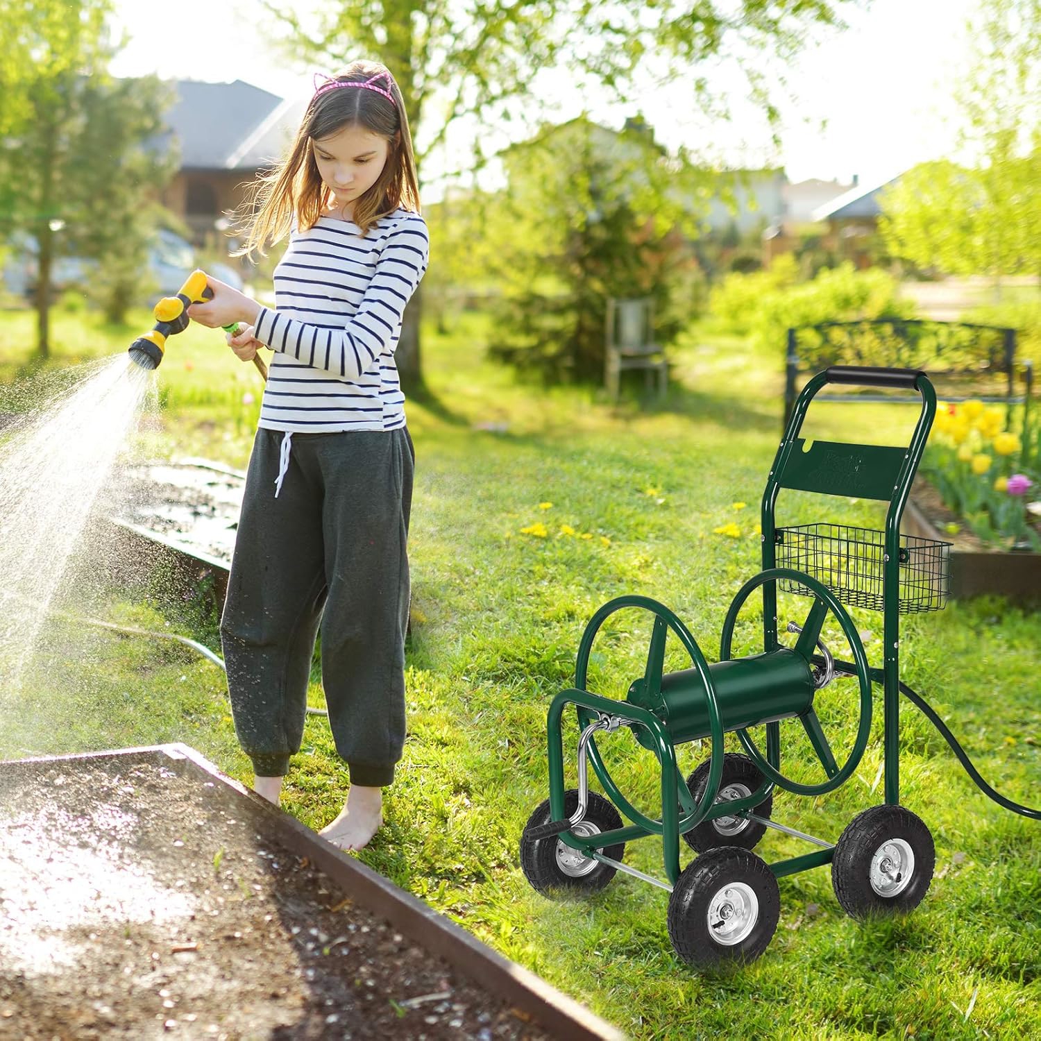 Image of Garden Water Hose Reel Cart Heavy Duty 350ft, Outdoor Yard Planting, Garden Rolling Cart With Steel Water Hose Holder