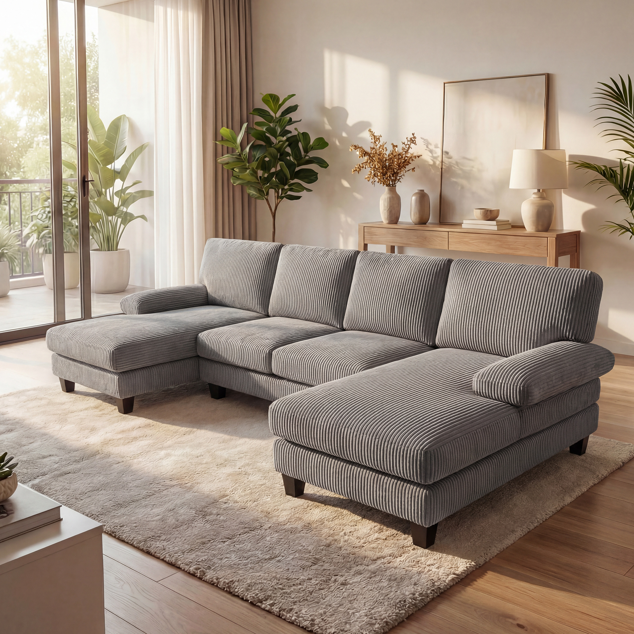 Corner Sleeper Sofa 270x122x86 Cm With Armrests, 4-seater, For Living Room & , Beige/gray, 3-part Delivery, Coree Ar-103