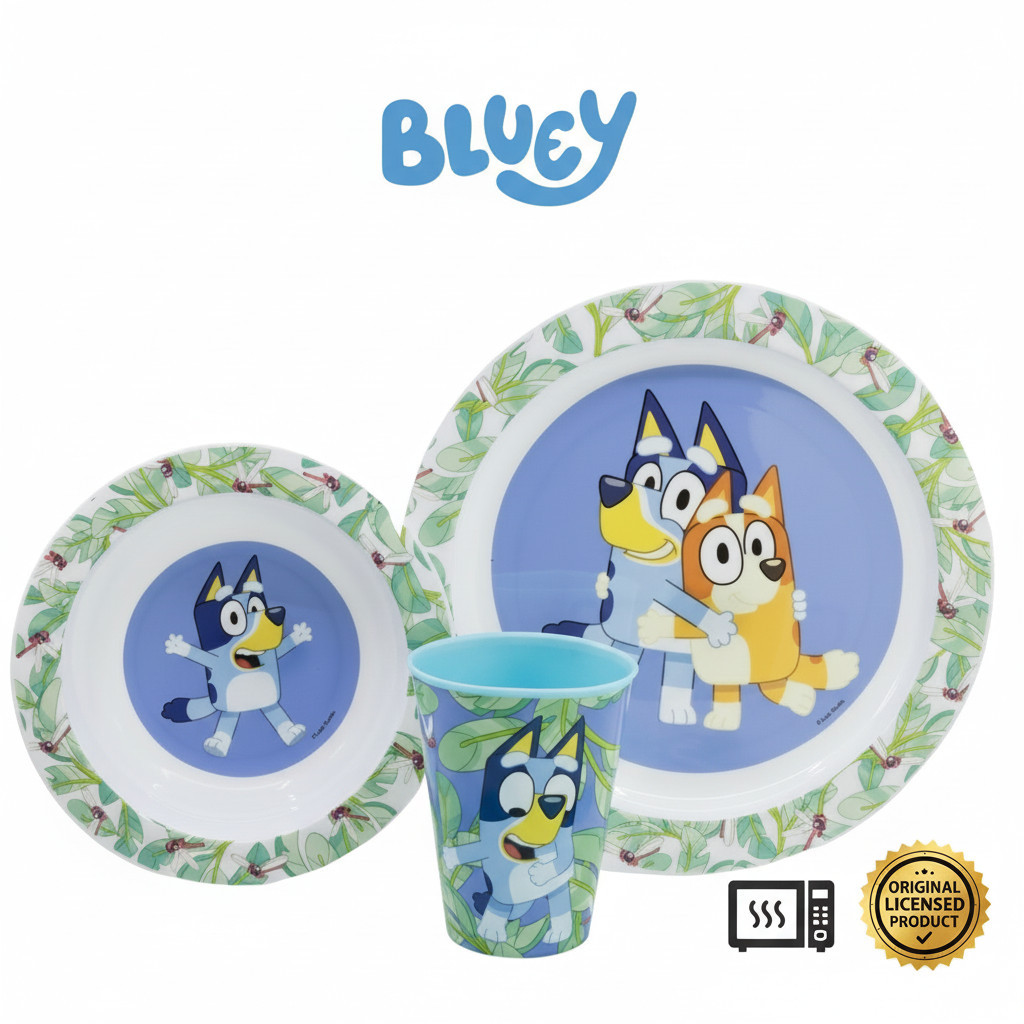 E-shop Wiederverwendbares Geschirrset für Kinder, – Set bestehend aus 3 Teilen: Teller, Schüssel und Tasse für Kinder und Babys BLUEY