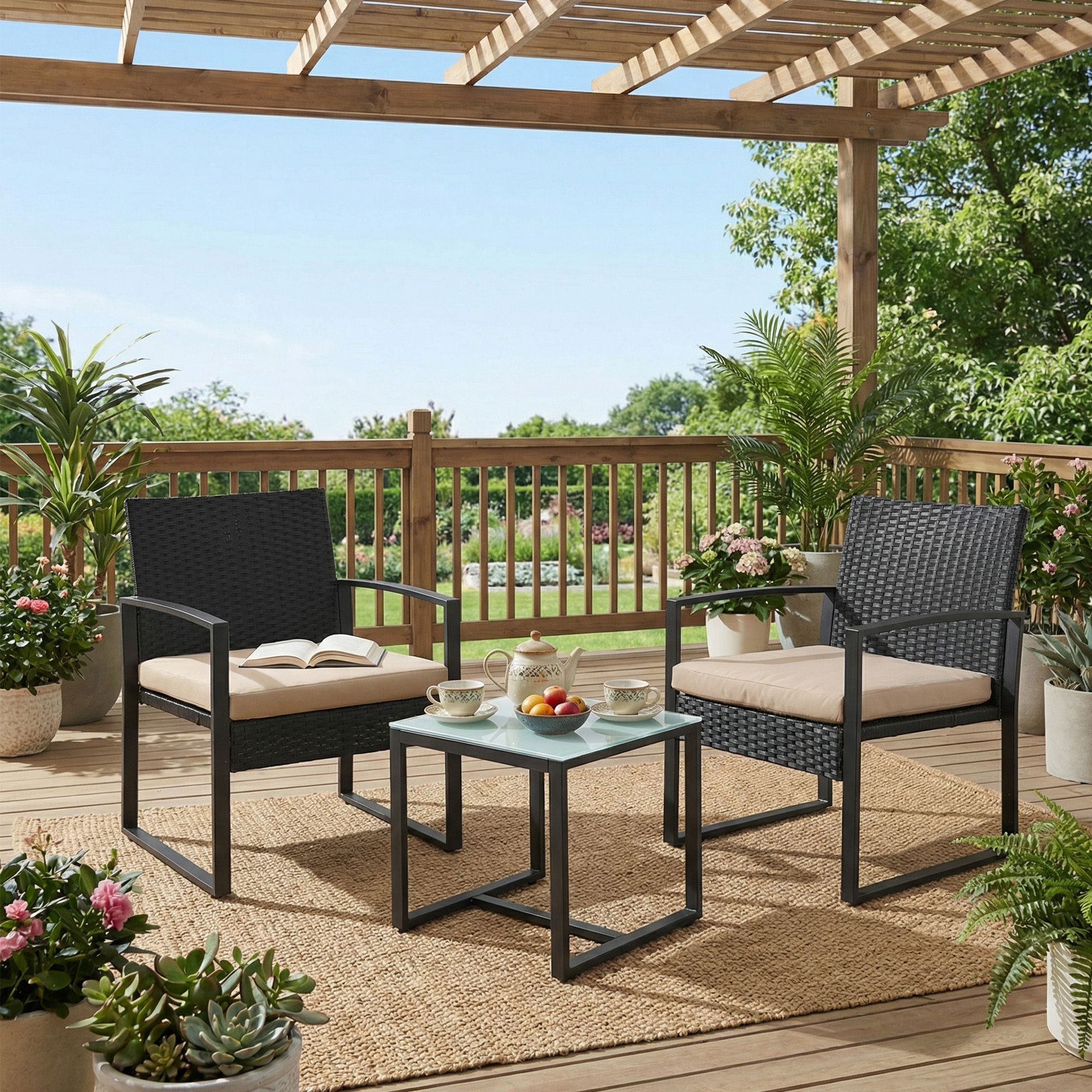 Poly Rattan Patio Furniture Set, Table And 2 Chairs, Balcony Furniture