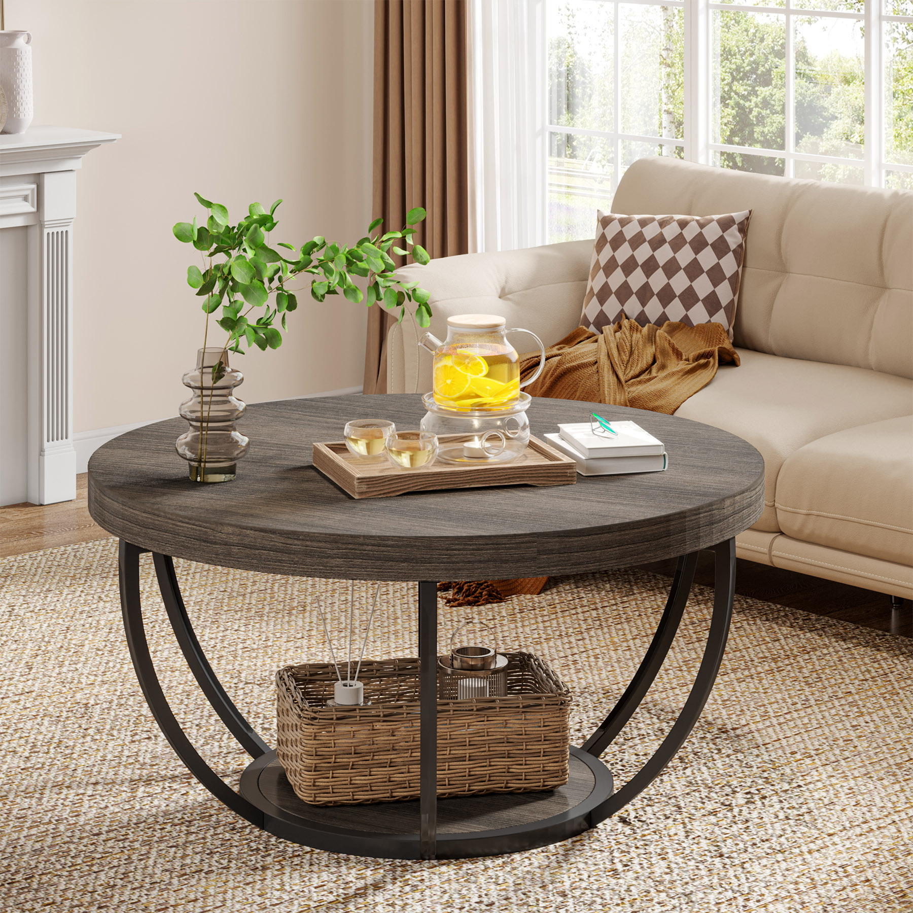 Round Coffee Table, 31.7" Wooden 2-tier Circle Coffee Table With Storage Shelves, Modern Accent Cocktail Table Center Table For Living Room, Grey