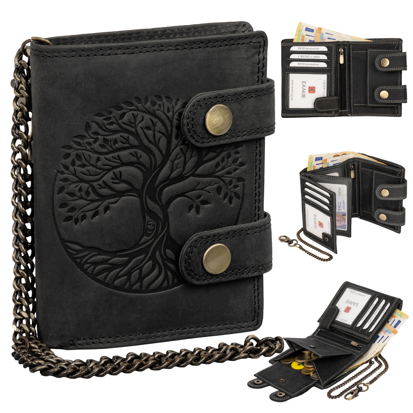Leather Men's Wallet Rfid Wallet Buffalo Leather Embossing With Chain Black Vertical Format Tree Of Life