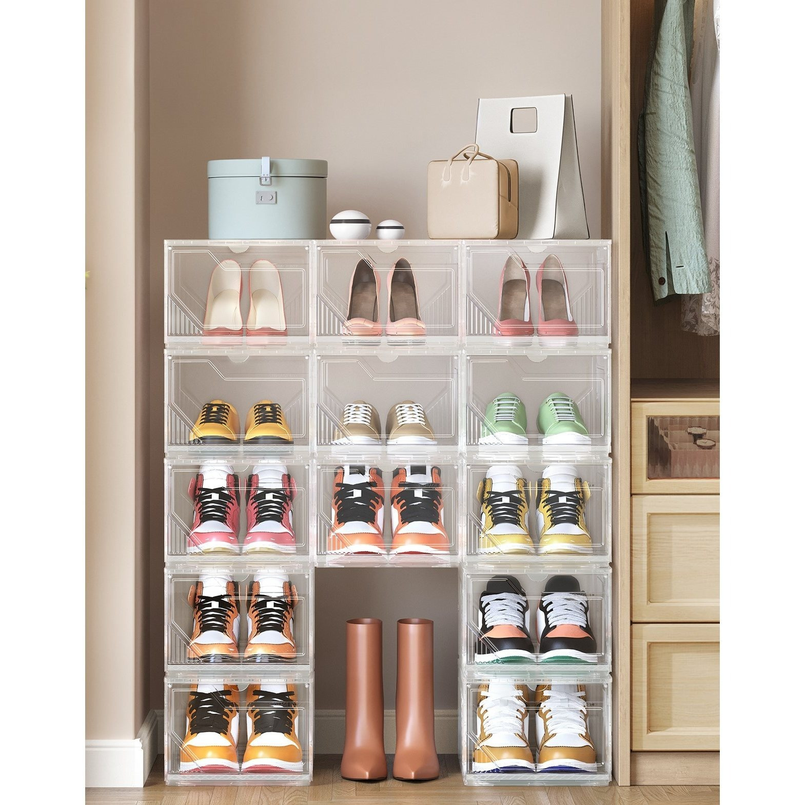 Shoe Boxes 6-piece Set, Made Of Plastic, Stackable Horizontally And , Magnetic Closure, Transparent, Up To Size 46, White