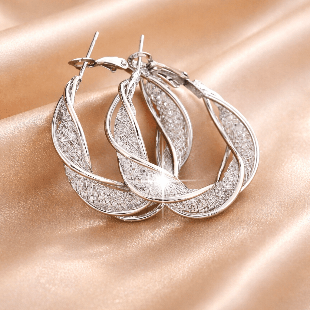 Image of Ladies' Creole Earrings In Silvery Color - Twisted Glossy With Structure, 925 Silvery-plated Elegant Fashion Jewelry For Parties, Weddings, Everyday Wear & Gift