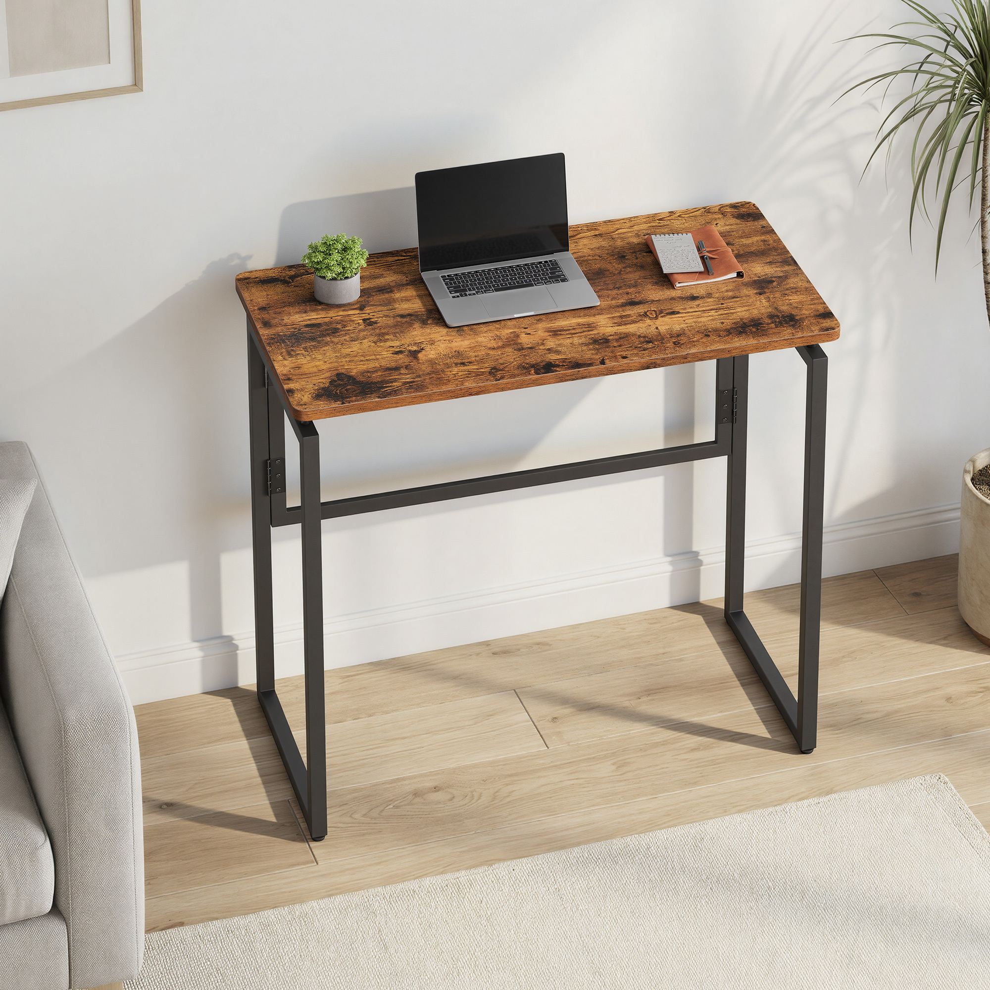 Folding Computer Desk, Folding Table, Desk With Rounded Corners, Space- For Bedroom, Brown