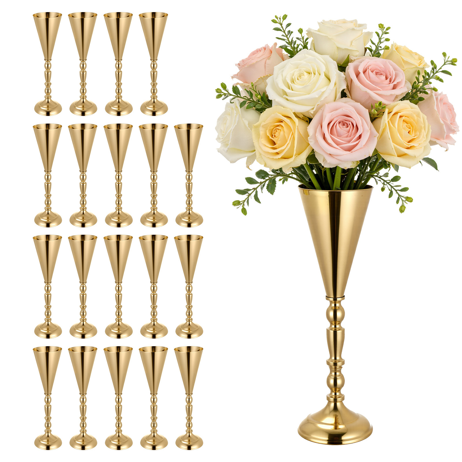 Image of Vevor 20pcs Wedding Flower Vase, 43 Cm Tall Trumpet Flower Table Centerpieces, Banquet Vases , Electroplated Versatile Arrangement Stand For Party Events Home Decor Reception, Gold