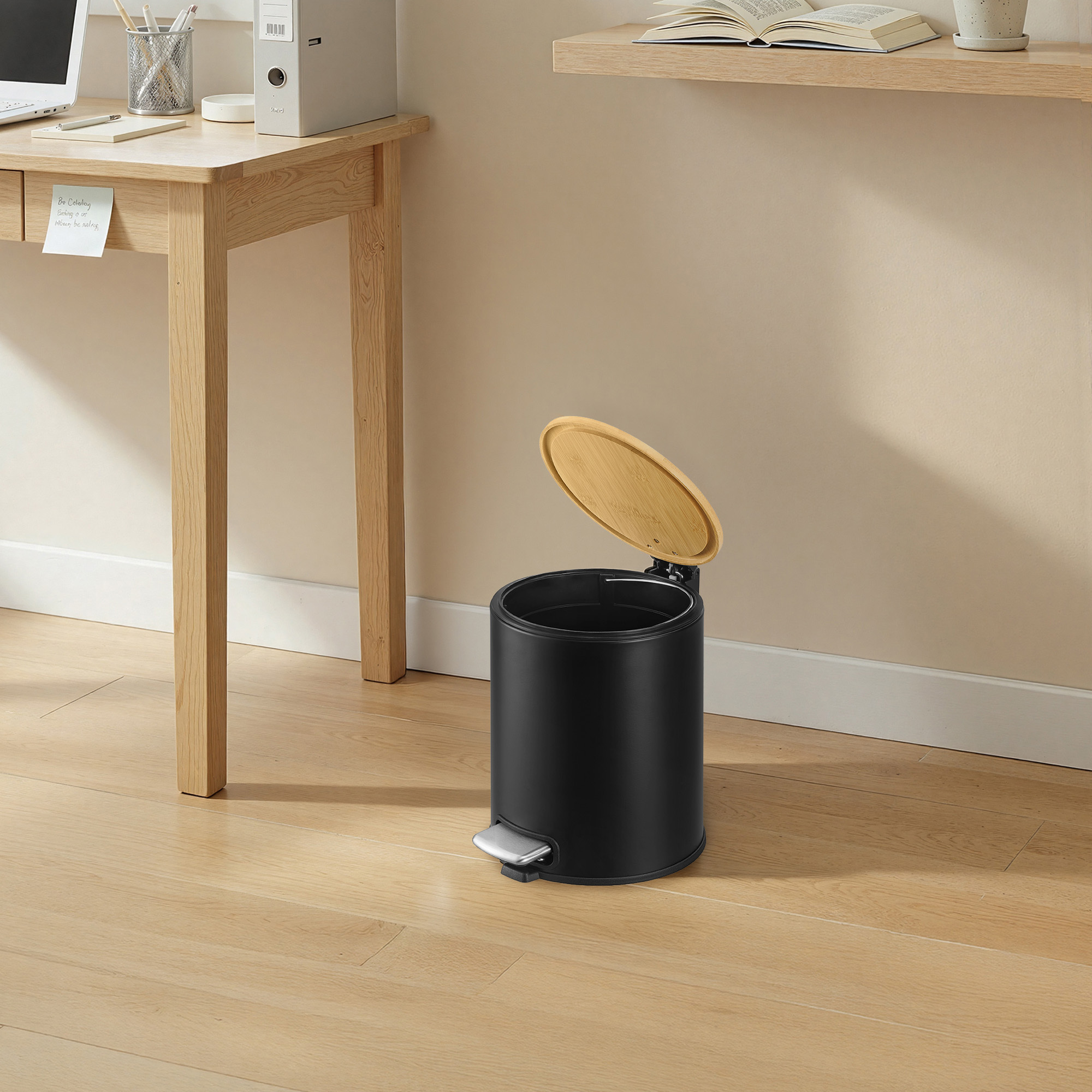 Wastebasket Bathroom 6 Liter, Cosmetic Bin With Bamboo Lid Made Of Bamboo, Foot Pedal Bin For Bathroom, Black