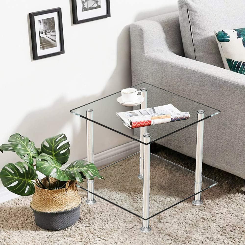 square glass side table with 2 tier storage shelf small sofa end coffee table corner nightstand   table for living room bedroom office reception