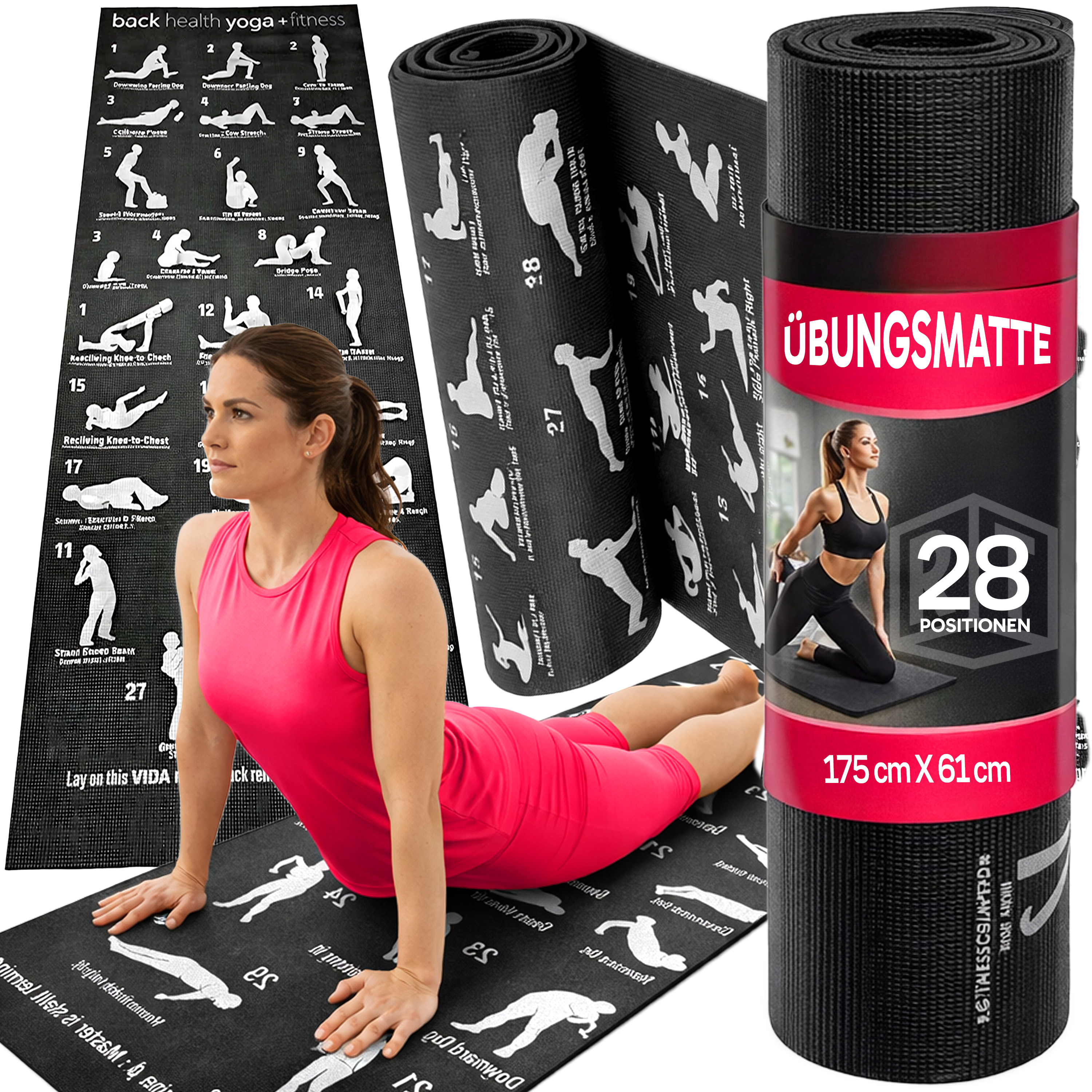 E-shop Retoo Yogamatte, rutschfeste Struktur, 28 Positionen mit Illustrationen, für Pilates und Fitness, universelle schwarze Trainingsmatte mit