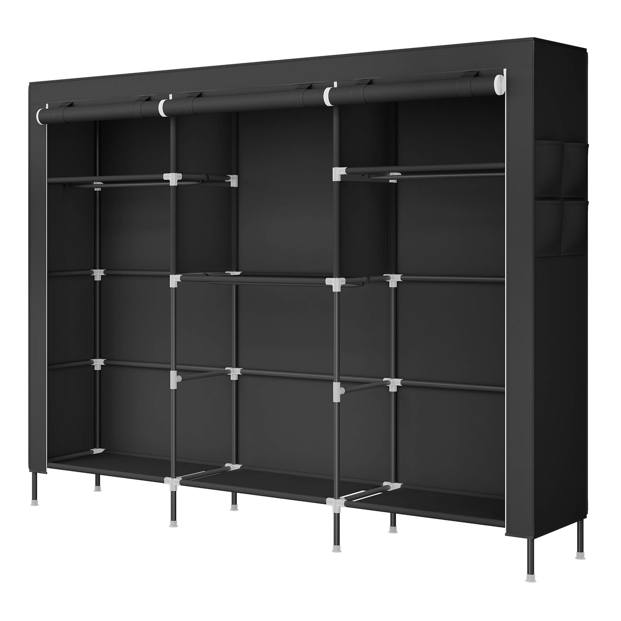 E-shop Stoffschrank mit Kleiderstange, Kleiderschrank mit Seitentaschen, Schrank für Schlafzimmer, 4 Hängefächer, schwarz