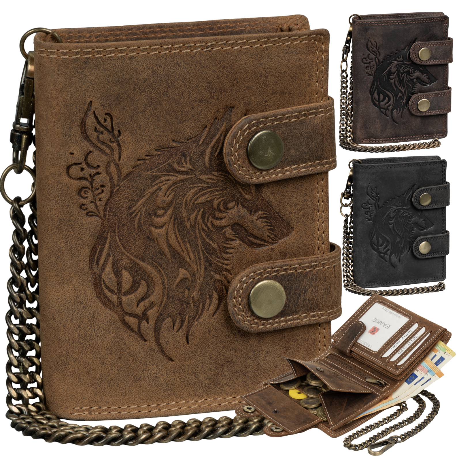 Men's Leather Wallet Rfid Buffalo Leather Embossed With Chain Black Portrait Wolf