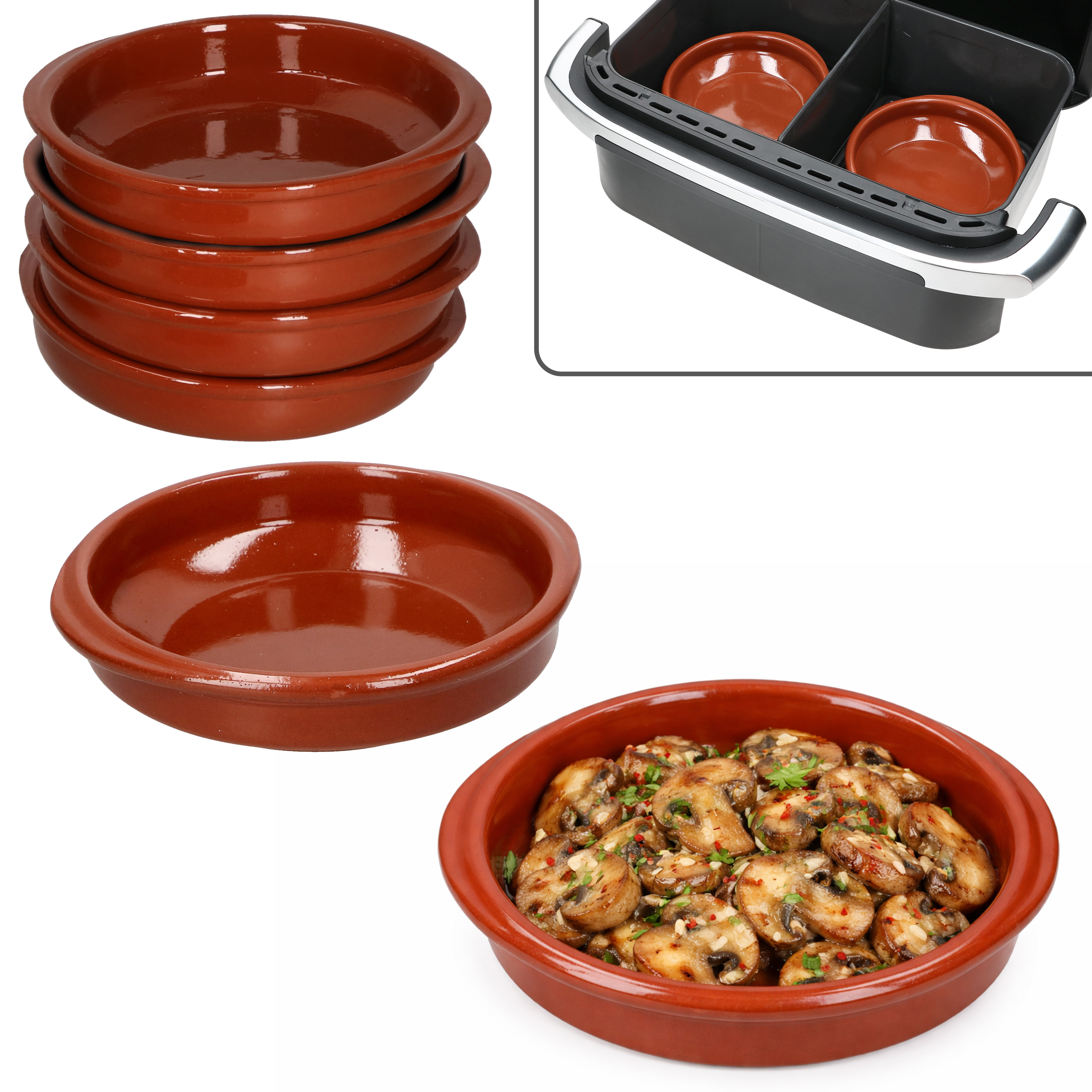 Image of 6-piece Set Air Fryer Clay Bowls, Round With Handles, Ø16cm, 300ml, Cazuela Tapas