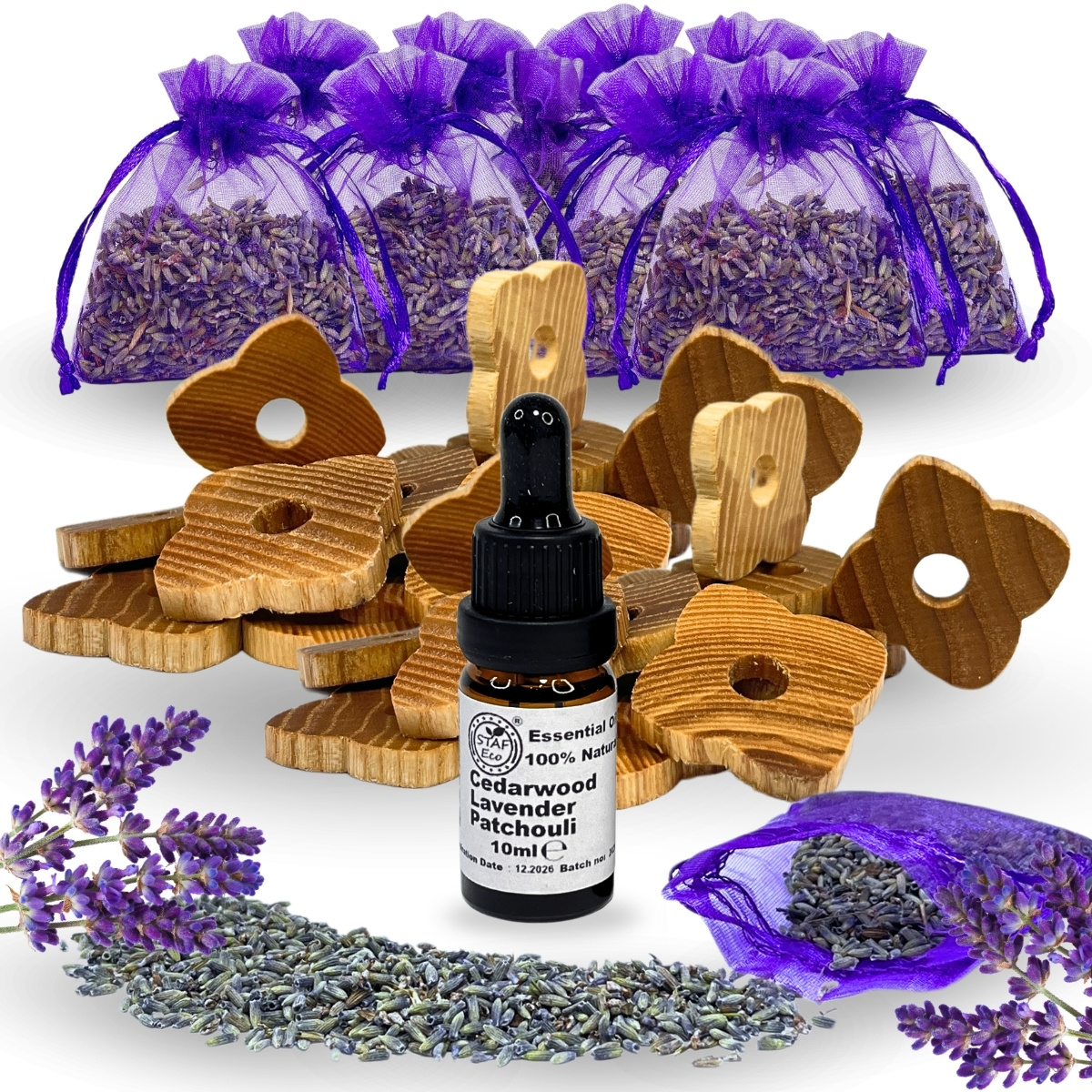 Lavender Sachets , Set - 10 Lavender Sachets + 16 Wooden Hangers + A Bottle With A Of Cedar, Lavender, And Patchouli. For Closet And Wardrobe.