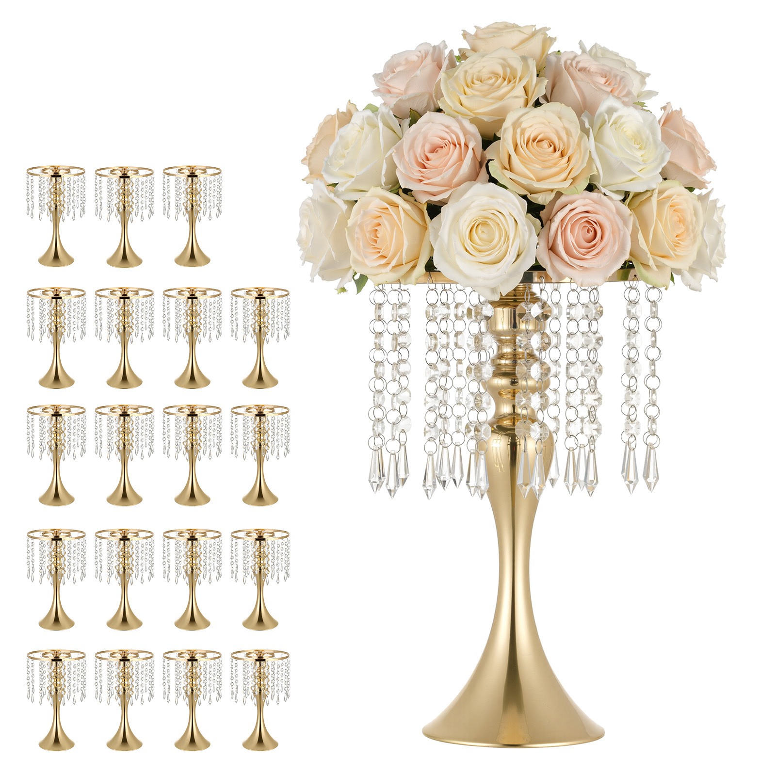Image of Vevor 20 Pcs Wedding Flower Vase, 33.5 Cm Tall Flower Table Centerpieces, Crystal Banquet Vases , Electroplated Finish, Versatile Arrangement Stand For Party Events Home Decor, Gold