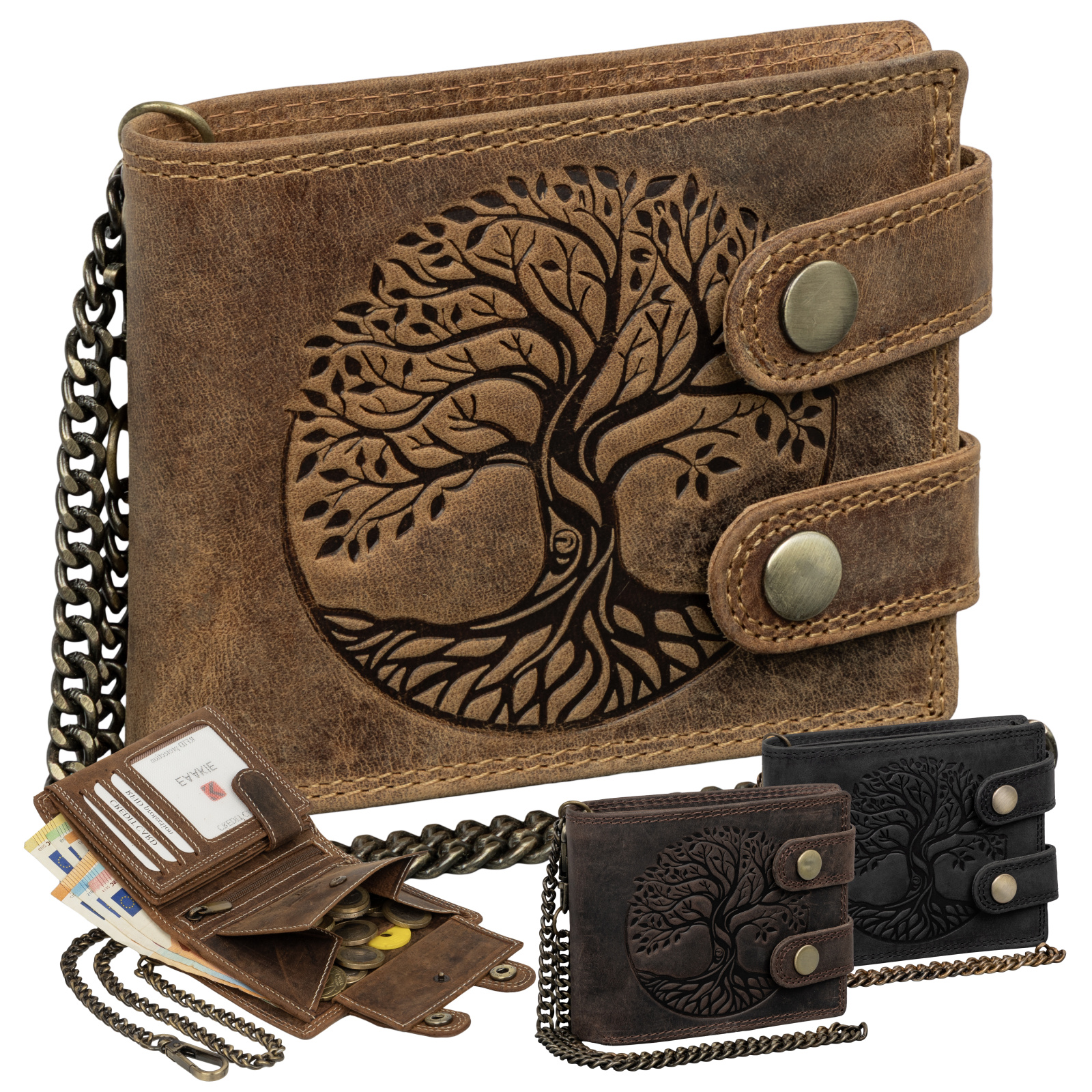 Leather Men's Wallet Rfid Wallet Buffalo Leather Embossing With Chain Black Landscape Format Tree Of Life