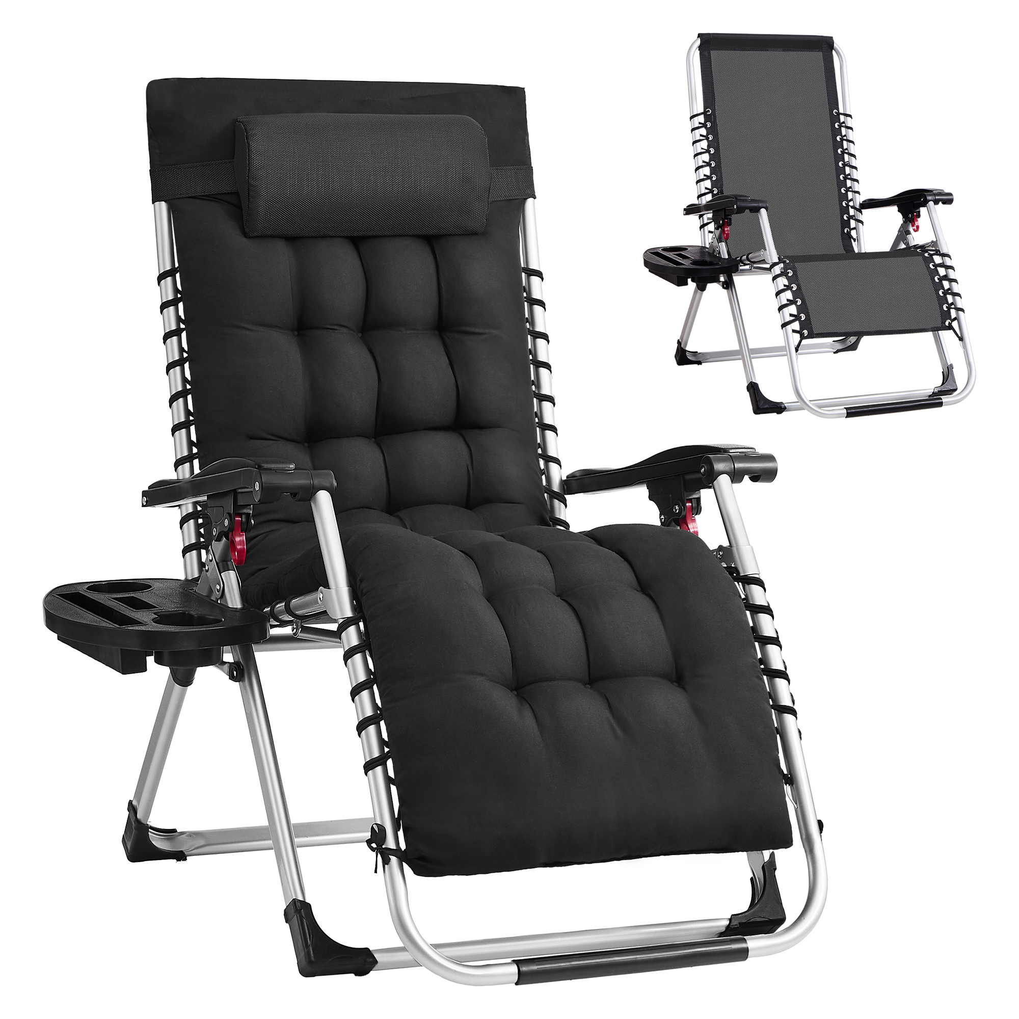 Folding Recliner With , Removable Cushion, Lounge Chair For Garden And Balcony, Bag, Tray