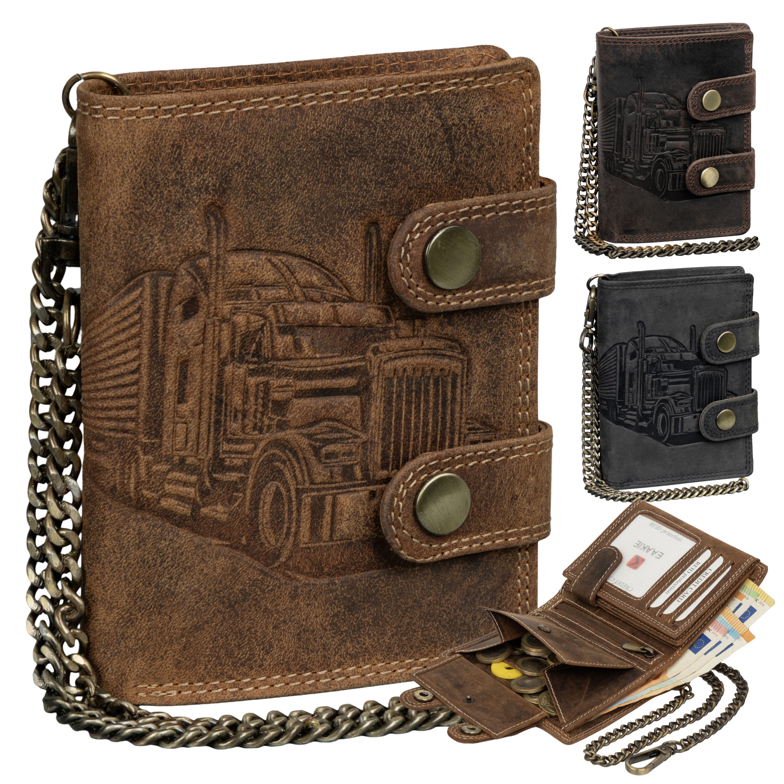 Image of Men's Leather Wallet Rfid Buffalo Leather Embossed With Chain In Black, Portrait Orientation For Truck/lkw