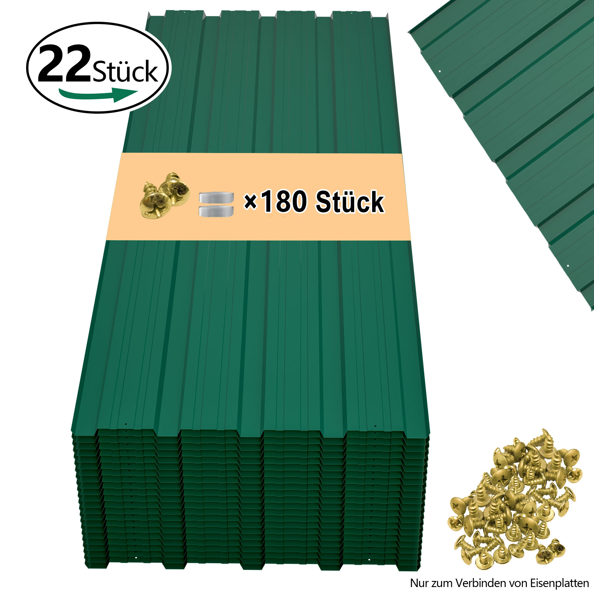 E-shop 22 Stück Trapezförmige Blechplatten, 10,² Dachplatten für Garten-Dach, Werkzeugschuppen - Verzinkte Stahldachplatten, temporär