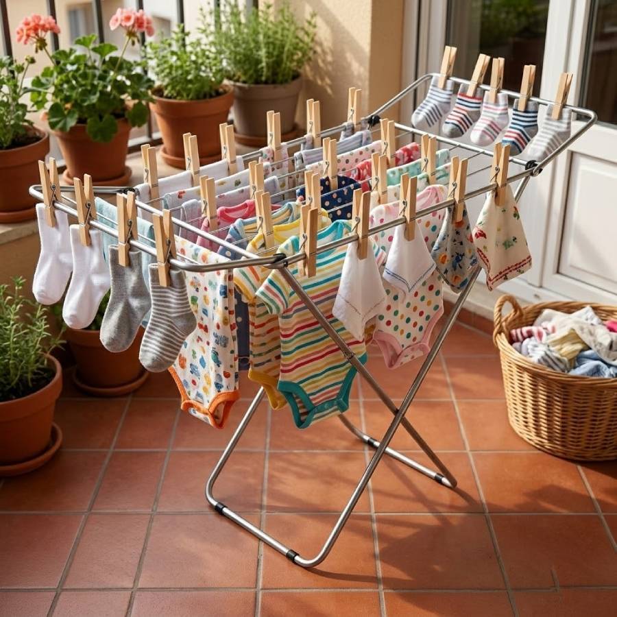 TEMU Percha para ropa + 32 pinzas para | 180X50 cm | Percha plateada, pinzas de madera | Plegable, y resistente | Adecuada para uso en interiores y